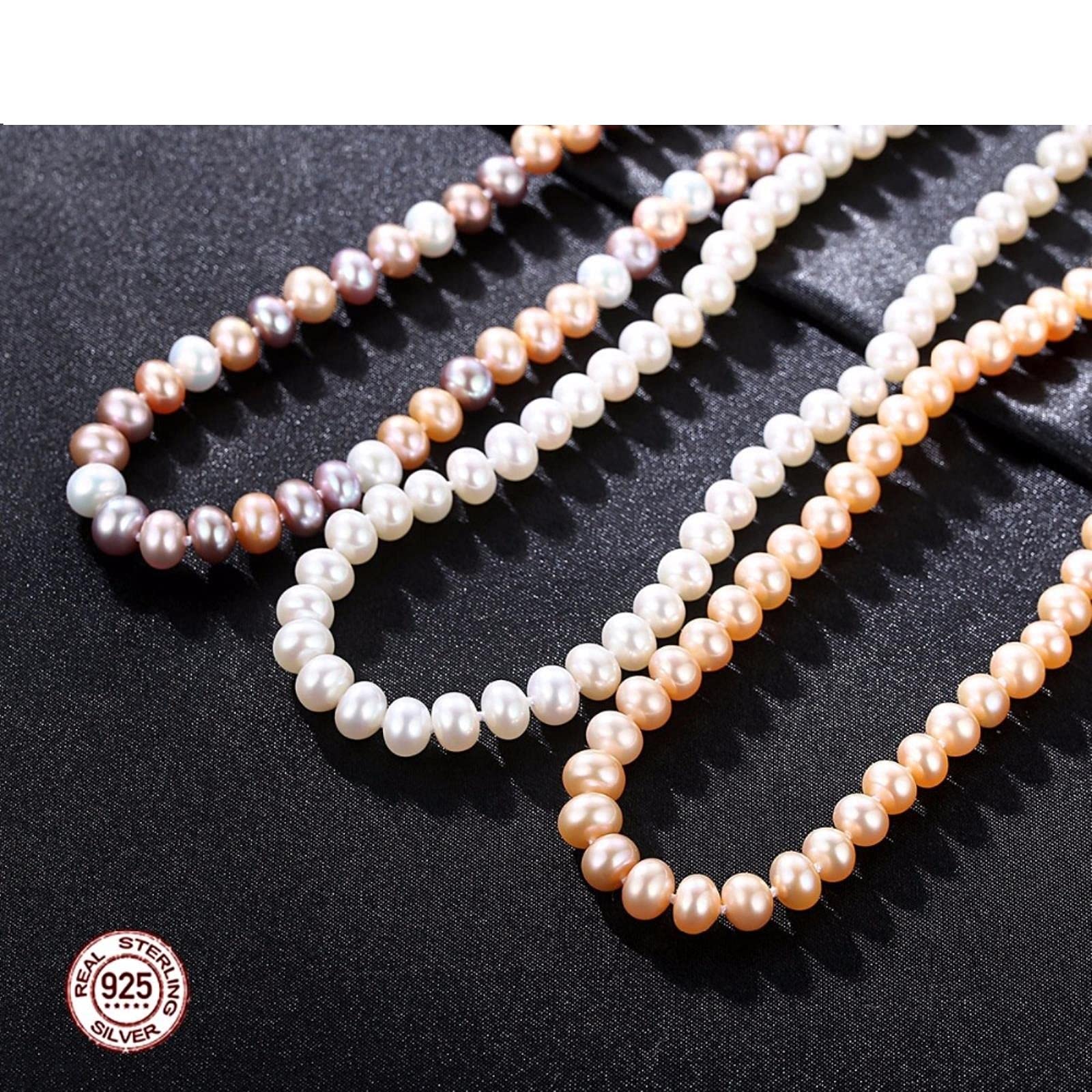 LOKILOKI Collar De Perlas De Plata 925 para Mujer 7-8 Mm Collar De Perlas De Agua Dulce Naturales Impecables Joyería Fina