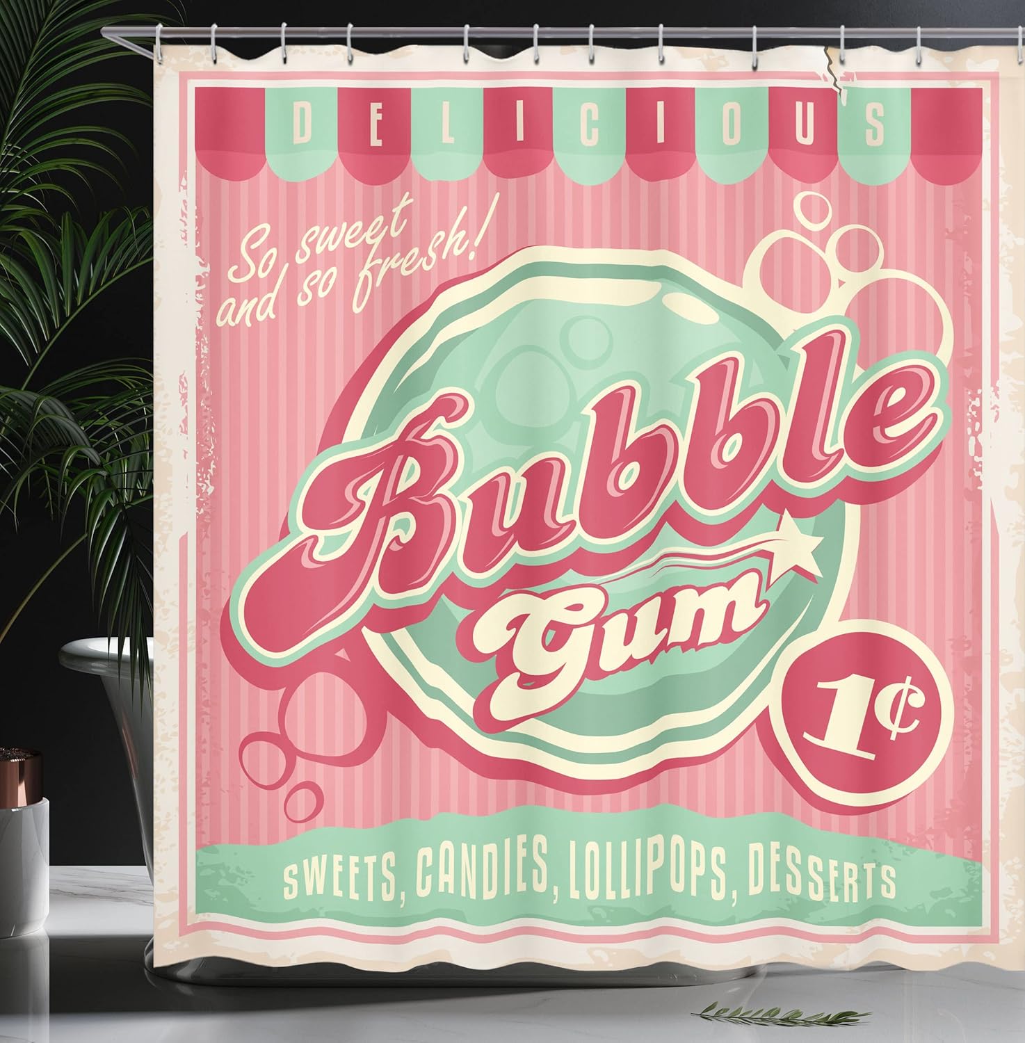 Ambesonne 1950s Shower Curtain, Bubble Gum Tasty Candy Lollipop Sugar Advertise Poster Style, Cloth Fabric Bathroom Decor Set with Hooks, 69" W x 75" L, Pink Magenta