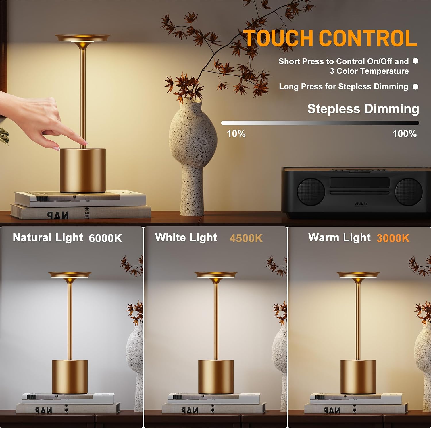Rechargeable Cordless Table Lamp, 6000mAh Battery Operated Desk Lamp, IP54 Waterproof,Touch Control Dimmable Metal Light for Restaurant,Patio, Dining, Bar Bronze 2pack