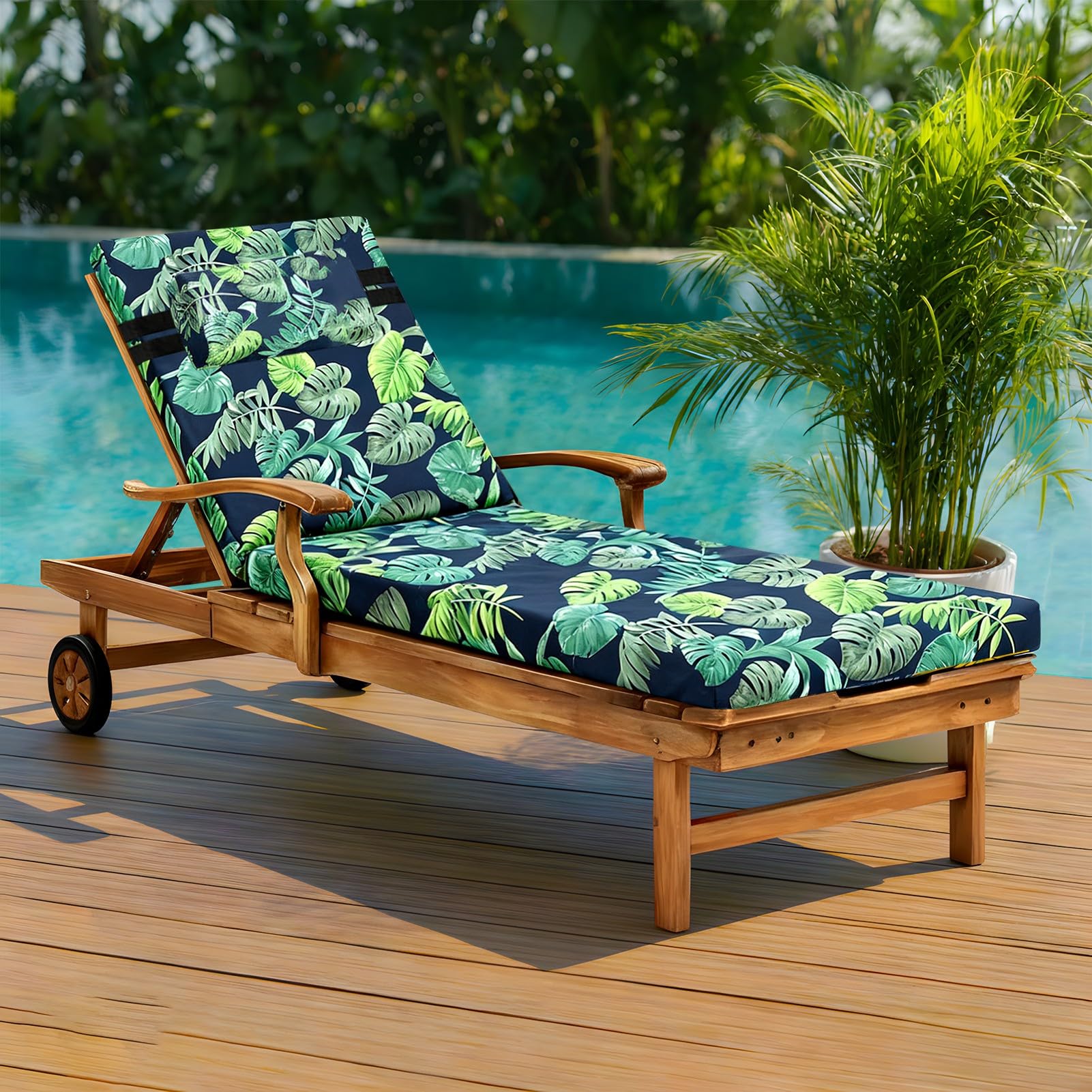 GOZYLA Sun Lounger Cushion Waterproof: Sunbed Mattress Only Recliner Pad Headrest Memory Foam Thicken Removable Anti Slip for Outdoor Holiday Garden Poolside Beach(Green, 183x53x6cm)
