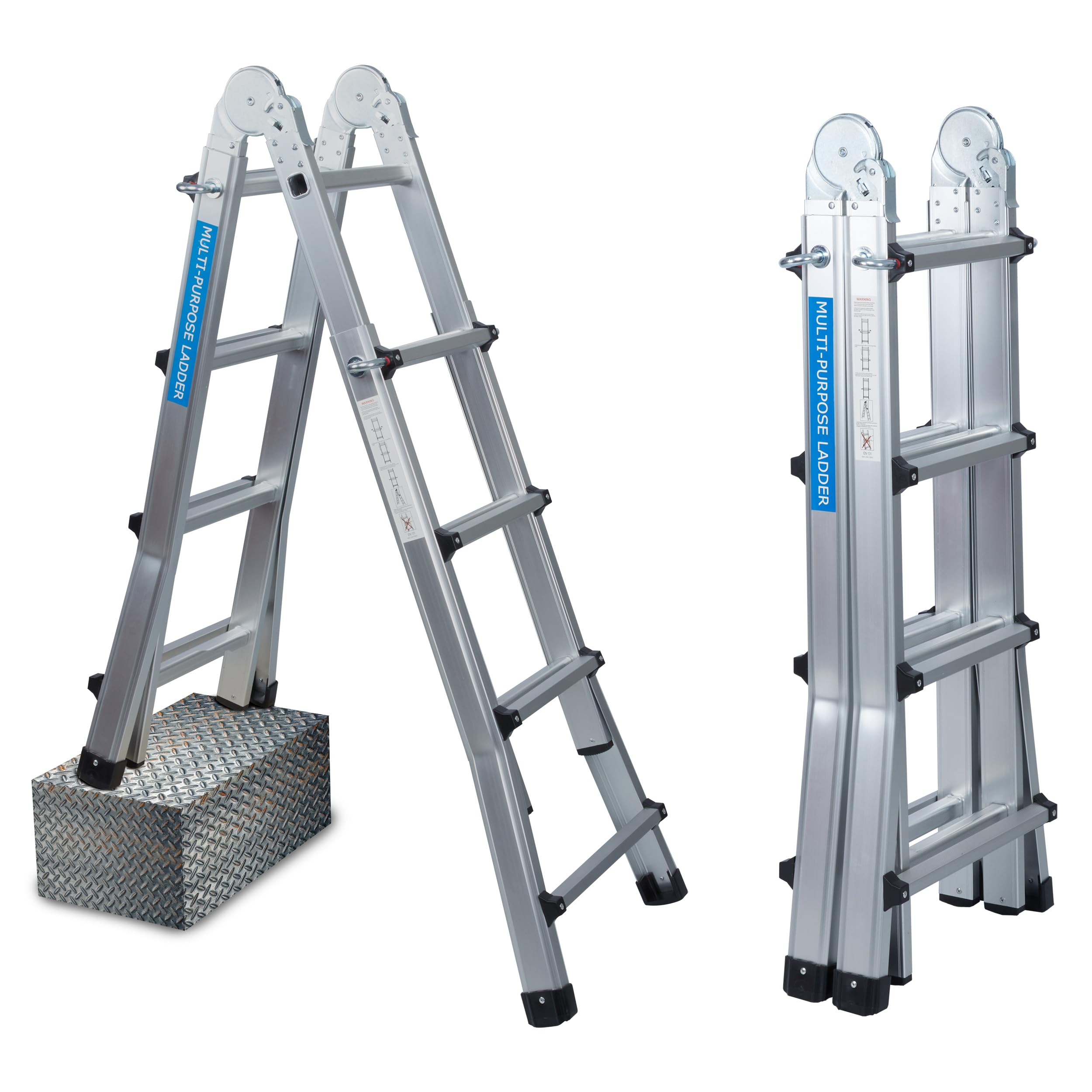 UZIRO Telescopic Folding Ladder 4 x 4 Aluminium Multi-Position Extendable 4.14 m, 4 Steps, Supports up to 150 kg, Foldable and Compact