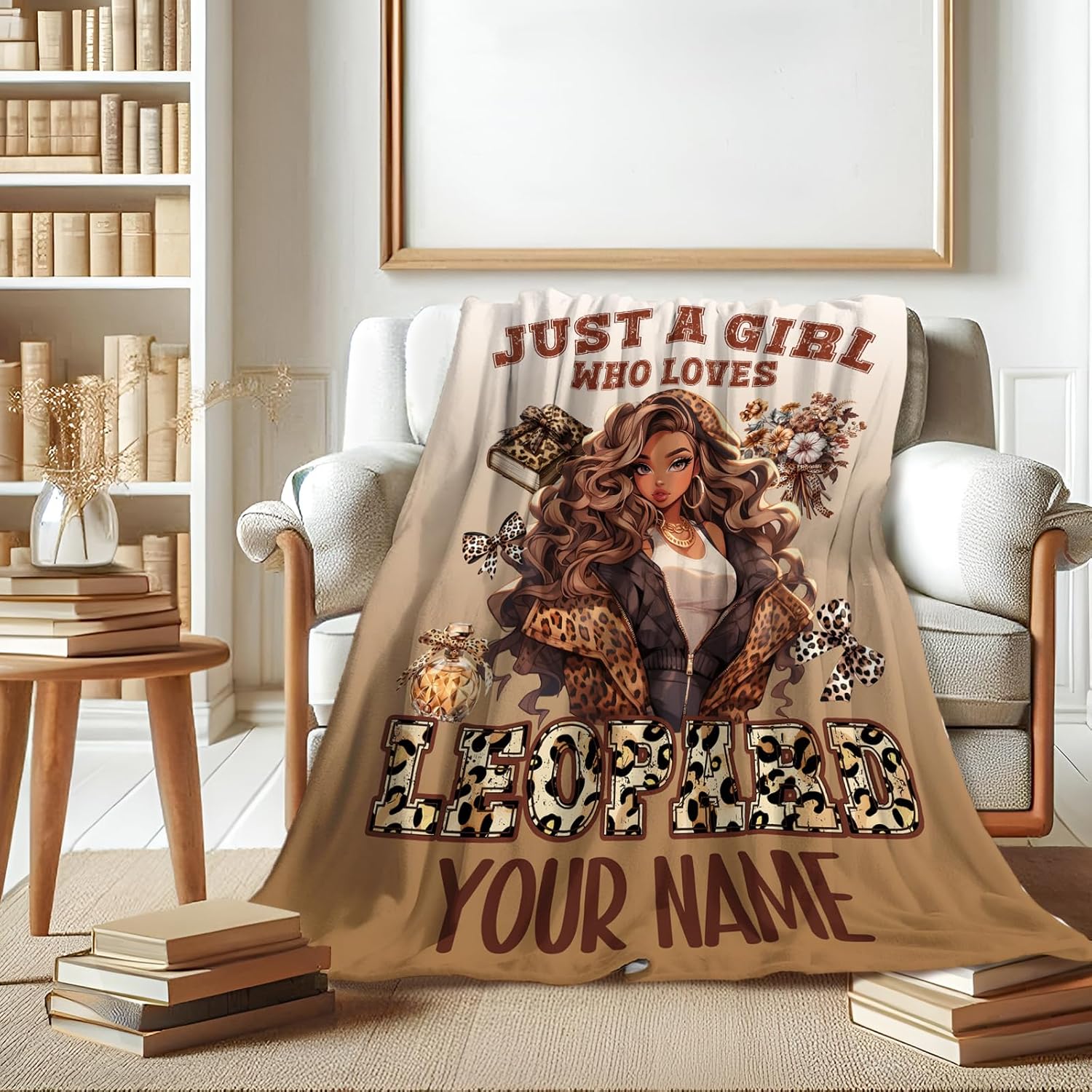 Personalized African American Girl Throw Blankets, 60x80 Inches Cute Blanket Gifts for Women Leopard Lovers, Soft Fuzzy Blankets Decor for Home Sofa Couch Bed