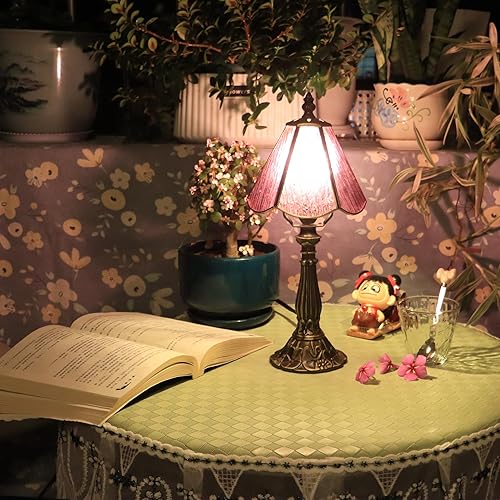Miniatura 6 de Small Tiffany Table Lamp Purple Bark Pattern Style Stained Glass Desk Lamps 6X6X14 Inch Bronze Resin Base Antique Mini Accent Light