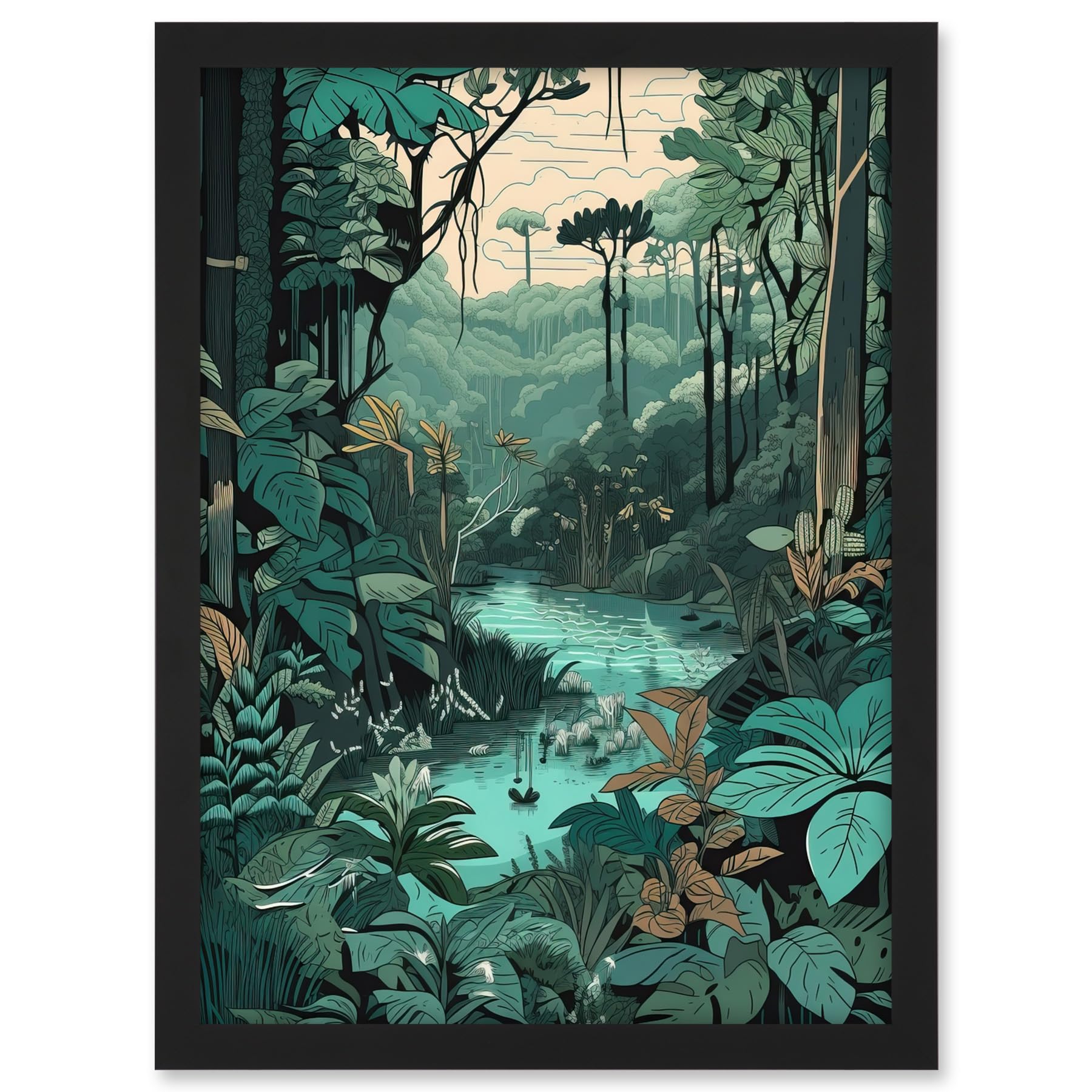 Artery8 Amazon Rainforest Flora Landscape Illustration Artwork Framed A3 Wall Art Print