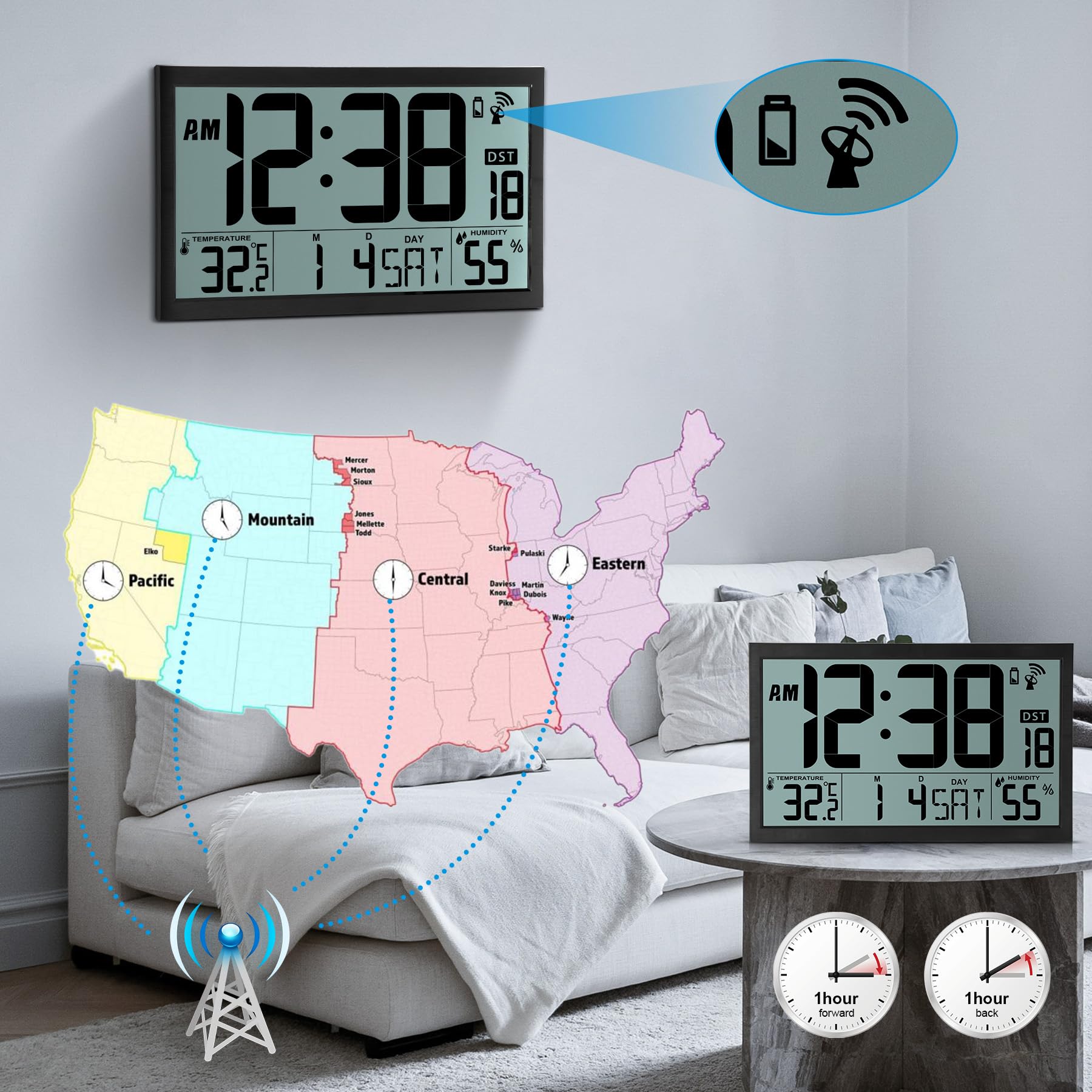 SZELAM Reloj de Pared Digital atómico con retroiluminación, Reloj de Pared Digital Grande de 15 Pulgadas, Reloj Digital de Pantalla Grande con día, Fecha y Temperatura