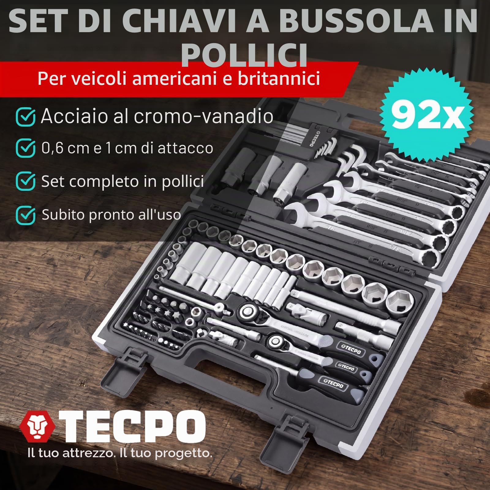 TECPO Set di utensili per pollici Harley a bussola, dadi dimensioni set scatola a cricchetto