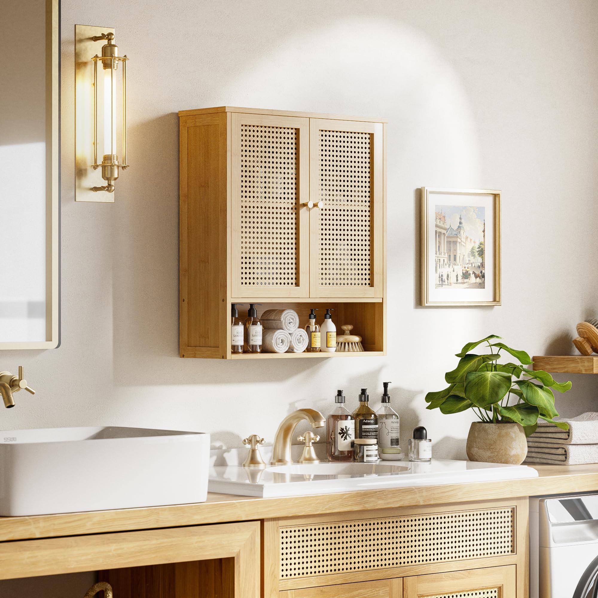 HITNET Armoire Murale en Rotin, Armoire à Pharmacie en Bambou à Portes Doubles avec Étagères Réglables,Meuble de Rangement Suspendu au-Dessus des Toilettes pour Cuisine, Salon, Buanderie (Naturel)