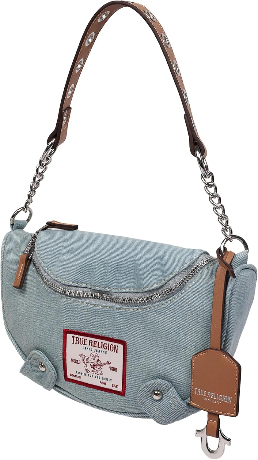 True Religion Hobo Shoulder Bag Purse, Denim Travel Handbag with Chain Strap, Light Blue - Image 3