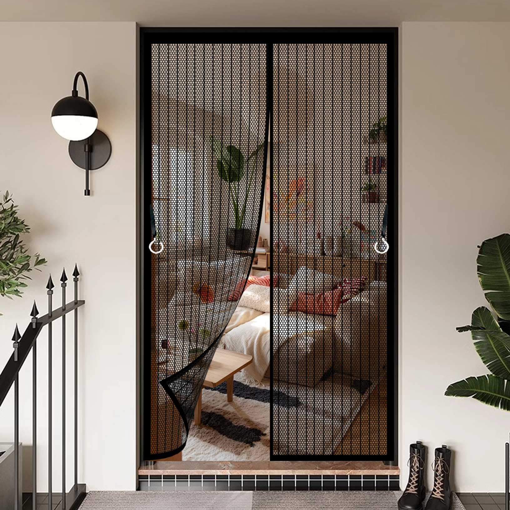 Magnetic Fly Screen Door 138 x 154 cm with Powerful Magnets and Full Frame Magic Tape Fly Screens Doors Nets Self Sealing No Gap, Pet-Friendly for Home, Office and Store, Black