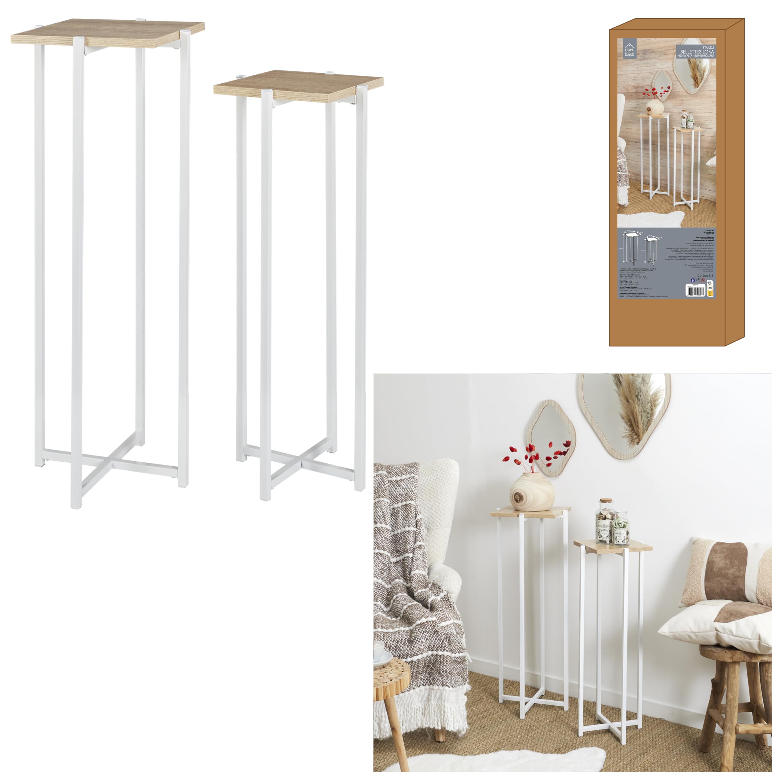 HOME DECO FACTORY - HD0051 Lot de 2 Sellettes en Bois et Métal - Design Tendance - Pratiques pour Salon ou Entrée - Dimensions 30 x 30 x 82 cm - Couleur Blanc Marron