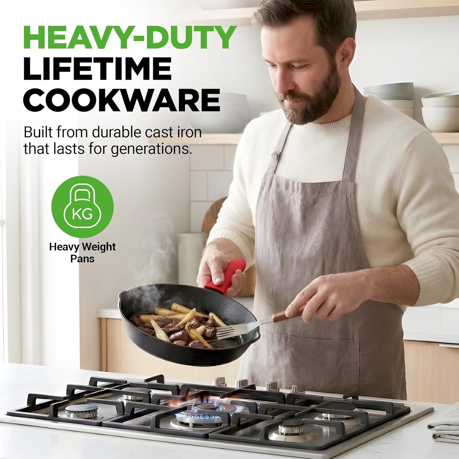 NutriChef 3pc Cast Iron Skillets - Pre-Seasoned Cast Iron Cookware with Drip Spout, Silicone Handles, For All Cooktops