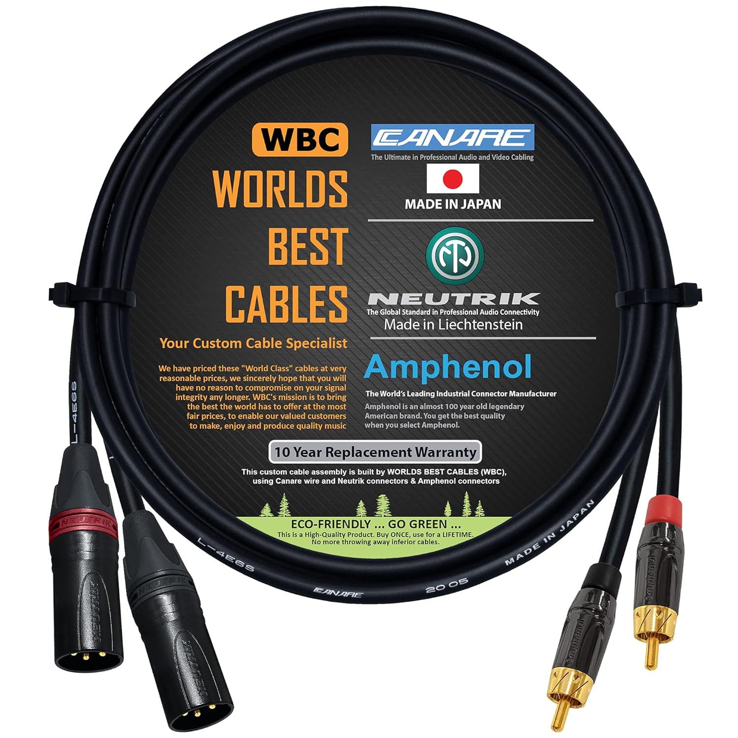 WORLDS BEST CABLES 3.5 Foot - RCA to XLR (Male) Cable Pair - Canare L-4E6S Star-Quad Audio Interconnect Cable & Amphenol ACPL RCA & Neutrik Male XLR Gold Plugs - Custom Made