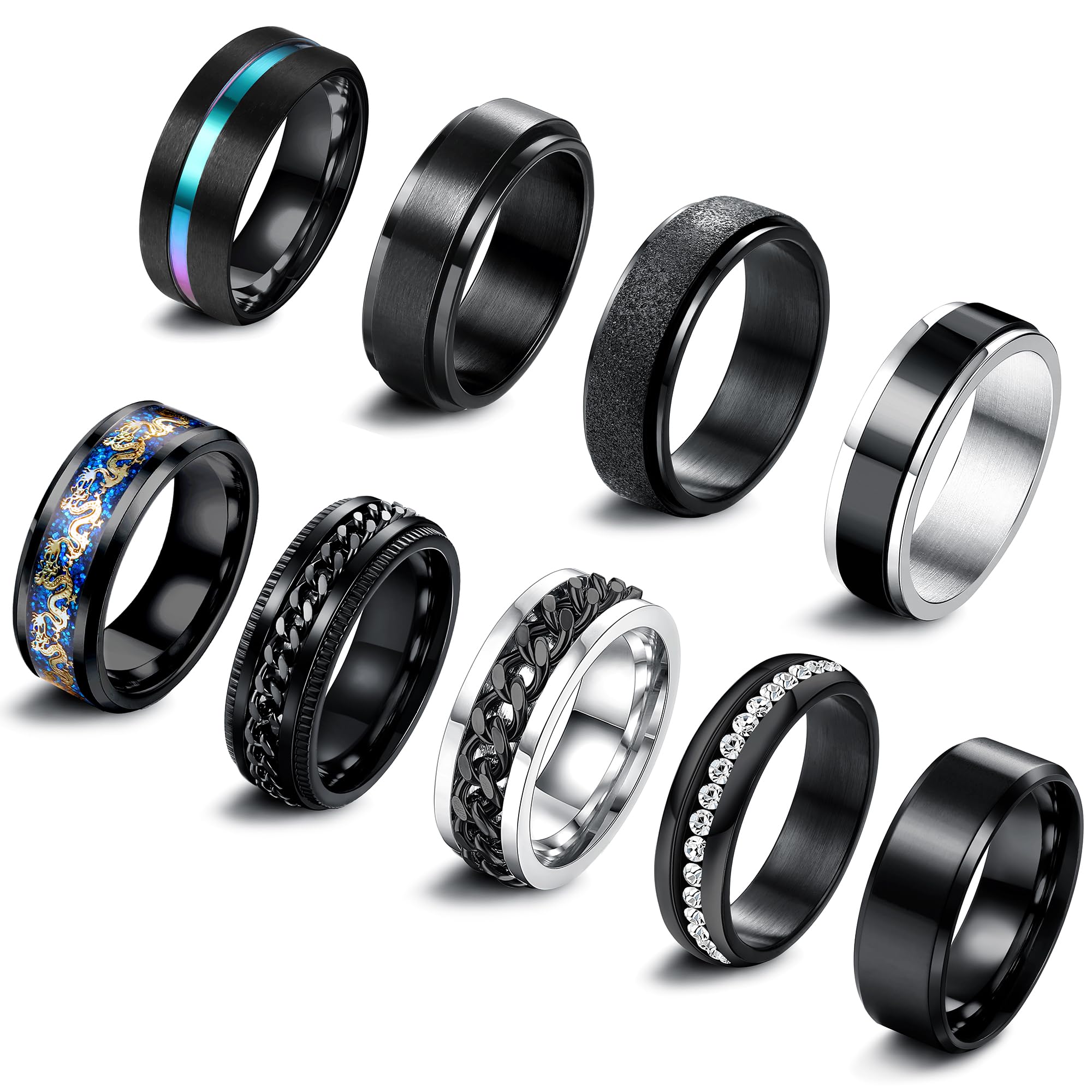 ADRAMATA 9Pcs Anello Uomo Acciaio Inossidabile Anello Antistress Vintage FEDI Nuziali Anelli di Fidanzamento Promessa Anello a Catena Anelli Fidget Set Anelli Uomo Mujer Anello Uomo Nero Argento