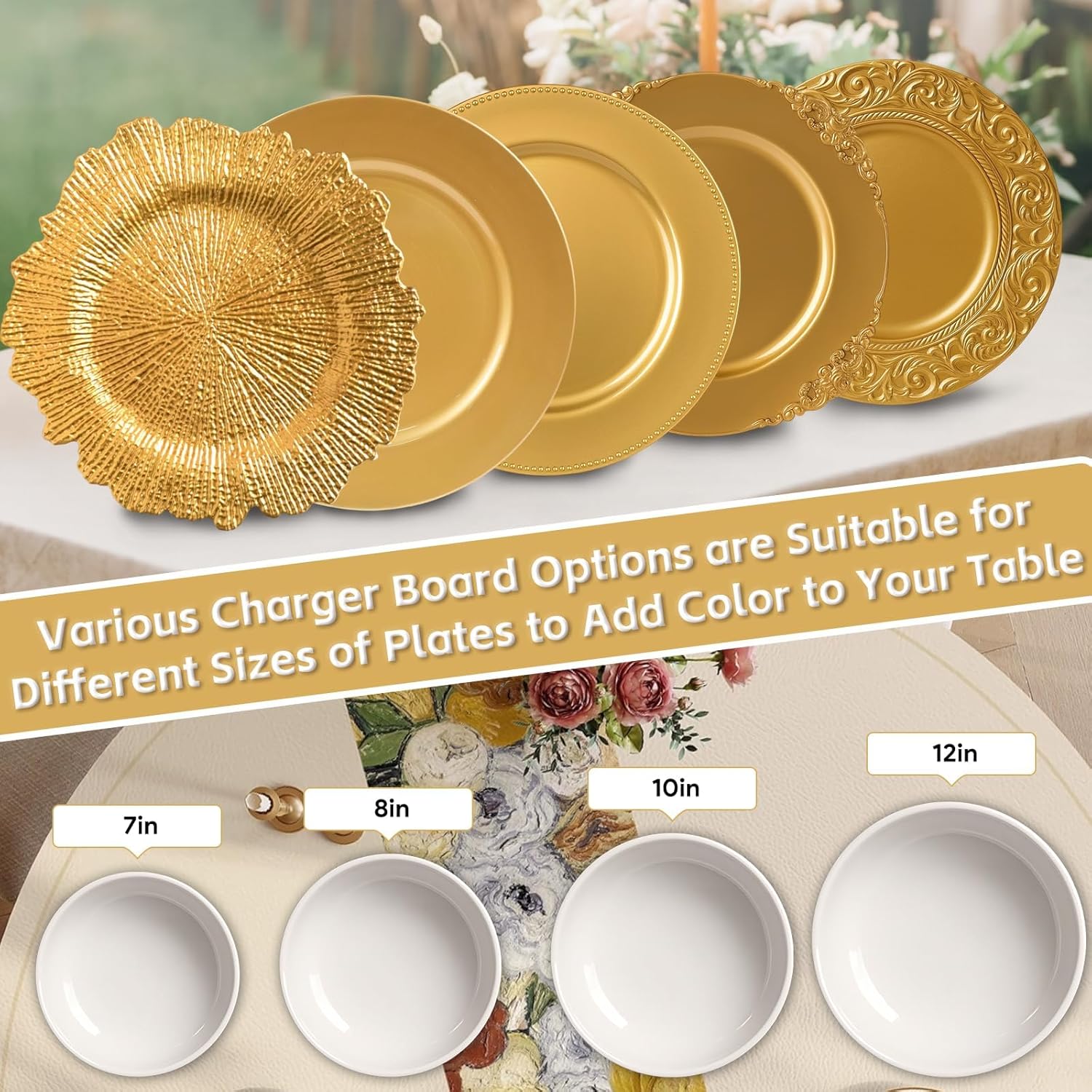 PROY 50 Pcs Gold Charger Plates Bulk, 13" Gold Reef Charger Plates for Wedding, Thanksgiving, Christmas, Plastic Chargers for Dinner Plates
