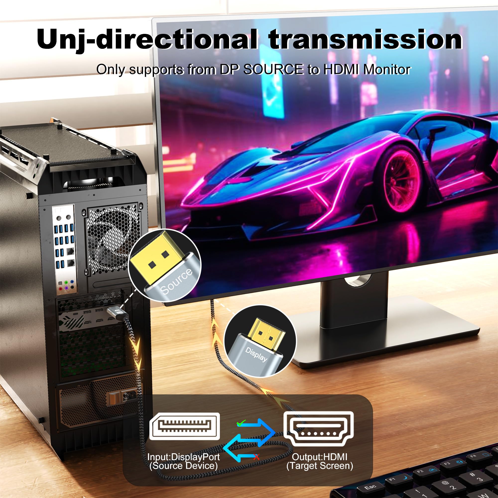 Câble DisplayPort vers HDMI 2.1 de 2,8 m 8K @ 60 Hz 4K @ 120 Hz Uni-directionnel DP (Source) vers HDMI (Display) Cordon tressé Prend en charge le port d'affichage HDCP 2.3 HDR10 pour AMD, NVIDIA et PC