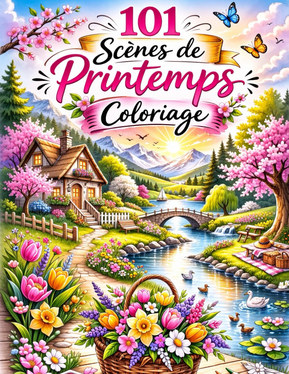 101 Scènes de Printemps Livre de Coloriage pour Adultes: Livre de Coloriage de Printemps en Gros Caractères pour Adultes et Seniors | Animaux, Fleurs, Oiseaux, Nature et Beaux Paysages Printaniers