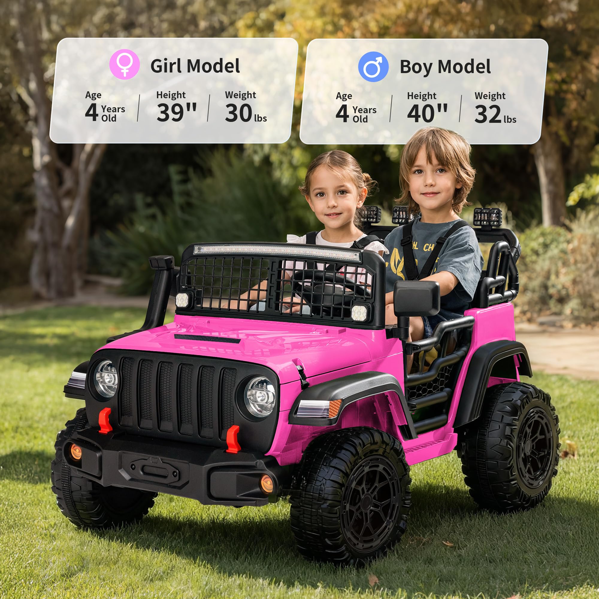 2 Seater Ride on Car Toy, 12V Electric Car for Kids 4-8 with Remote Control, Capacity 110 lb, LED Light - Pink