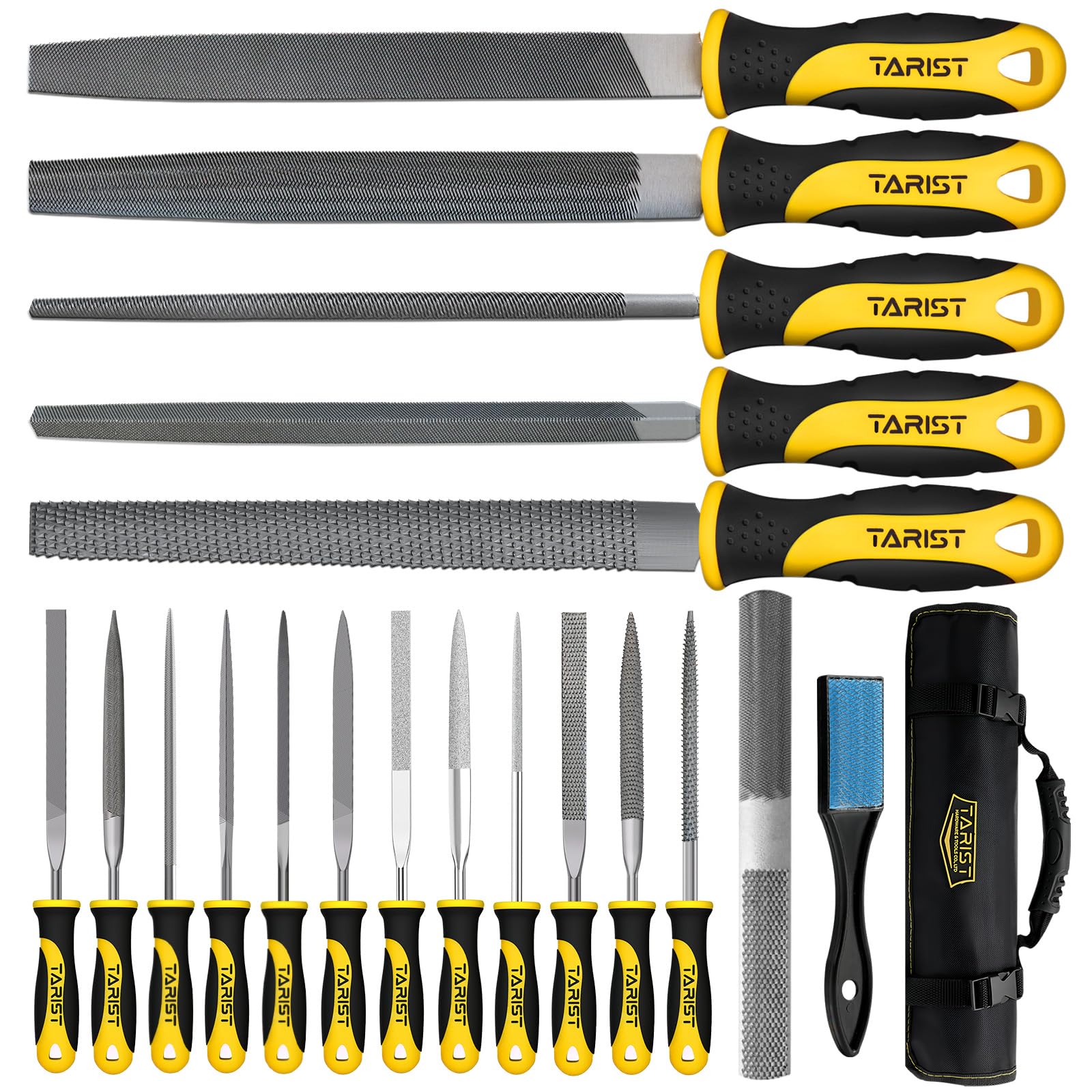 TARIST Lot de 19 limes métalliques et râpes comprenant une lime plate/demi-ronde/ronde/triangulaire/lime 4 voies/12 limes aiguilles/pinceau/sac à outils roulants, fonctionne pour le métal, le bois