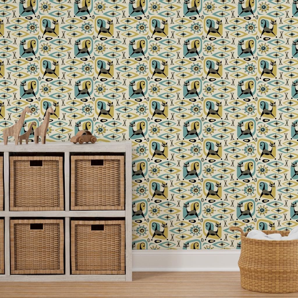 Peel & Stick Wallpaper 3ft x 2ft - Mid Century Cat Abstract Gold Diamonds Retro 1950S Cats Fifties Custom Removable Wallpaper by Spoonflower