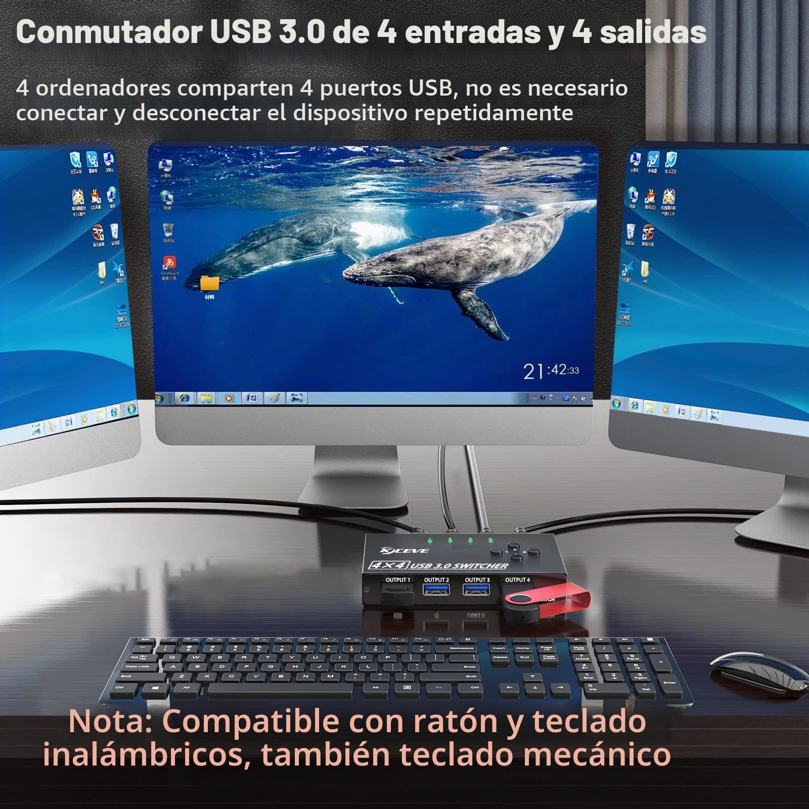USB Switch 4 Puertos, 5Gbps USB3.0 Switch 4 Computadoras que Comparten 4 Dispositivos,Conmutador USB para Escáner de Impresora de Teclado y Ratón,con Control Remoto Cableado y 4 Cables