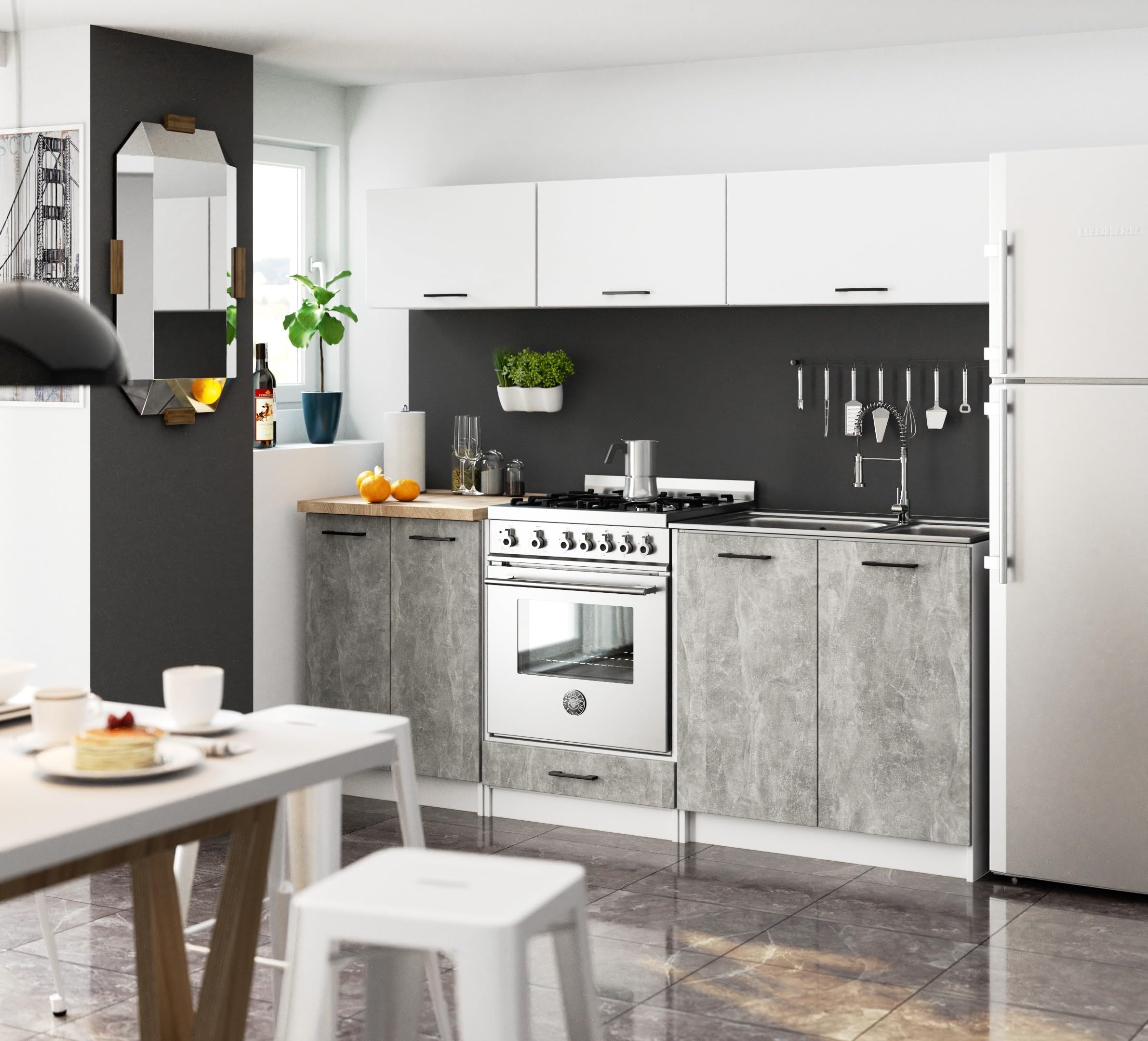 AKORD | Mueble de Cocina con encimera - Oliwia S40 | Mueble Base con 4 cajones | Mueble de Entrada | Aparador | Isla | Armario | 46 x 40 x 85 cm | Blanco | Cemento