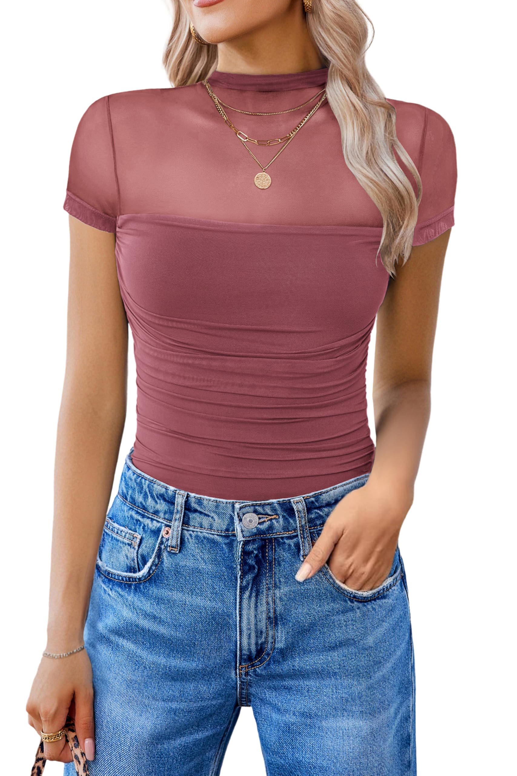 Avidlove Women's Short Sleeve Bodysuit Turtle Neck Body Suits Mesh One Piece Leotard Going Out Tops Date Outfits