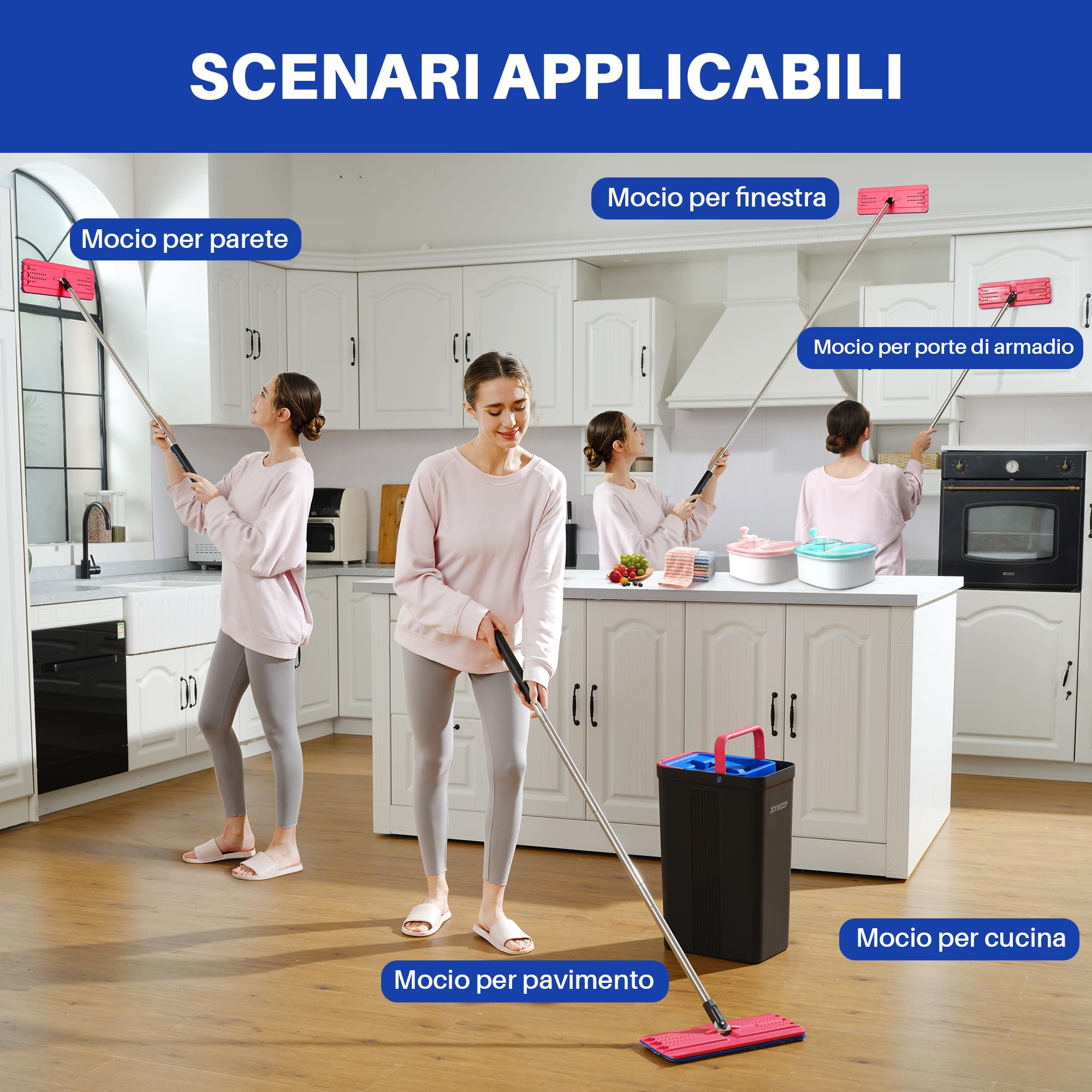 JOYMOOP set mocio lavapavimenti e secchio con strizzatore, 4 panni in microfibra lavabili, uso a secco e umido, sistema pulizia pavimenti - Nero + Rosso + Blu Ardesia