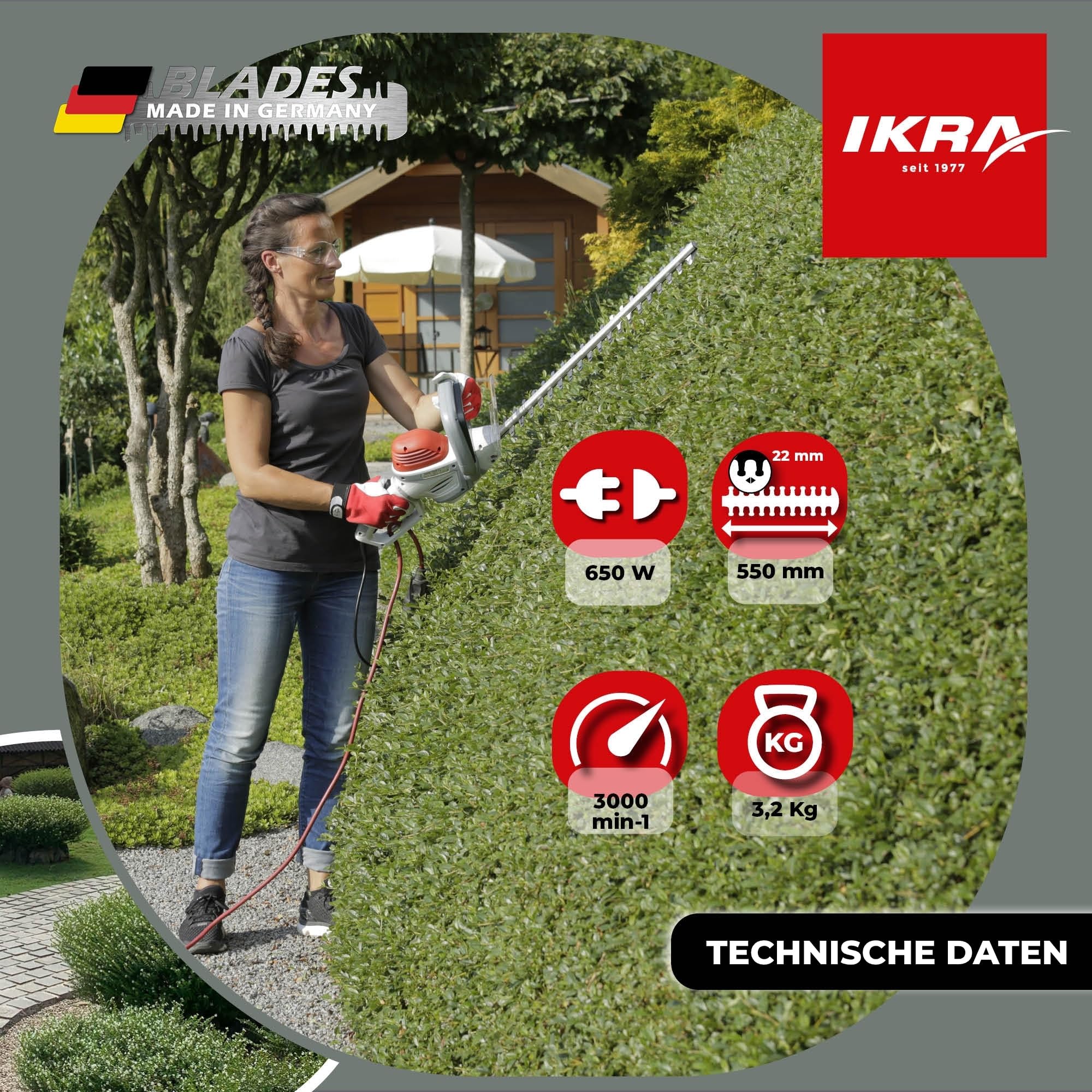 IKRA Elektro Heckenschere IHS 650, Schnittlänge 55cm, inkl. Pflegespray | Leistung 650 Watt, Schnittstärke 22mm, hohe Schnittleistung & geringe Vibration, 180° Drehgriff, Messer Made in Germany