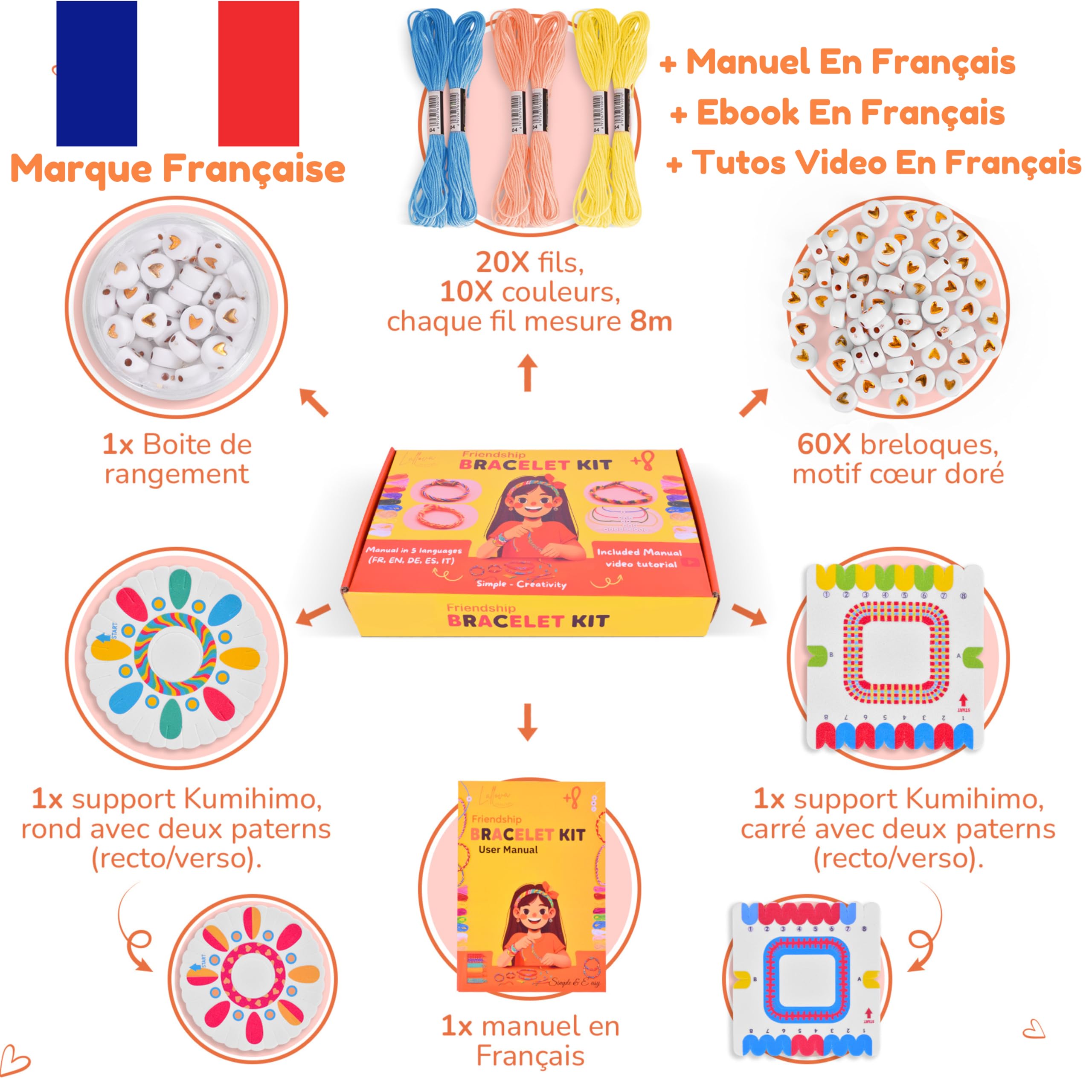 Lallova – Kit Bracelet Brésilien – Activité Manuelle Enfant Dès 8 Ans – Fils Colorés, Breloques Cœur – Tutos Vidéo Inclus – Cadeau Anniversaire Fille Ado
