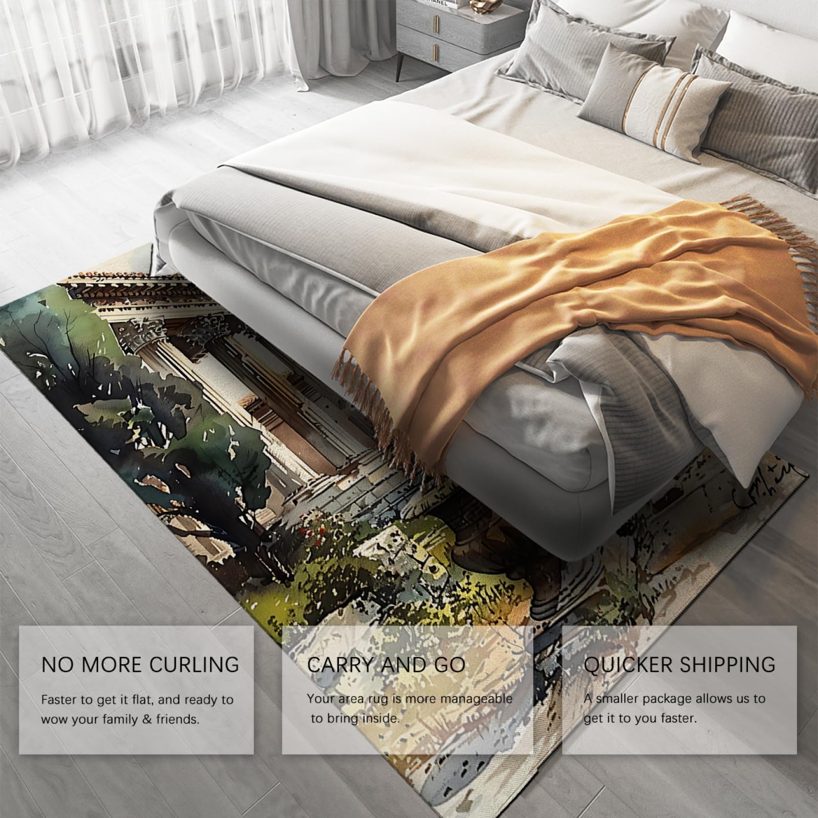Tapis de Style campagnard 60x90cm - Thème Aquarelle Wilderness Rétro Bâtiment Forêt Paysage Antidérapant Tapis Mince à Poils Ras pour l’entrée