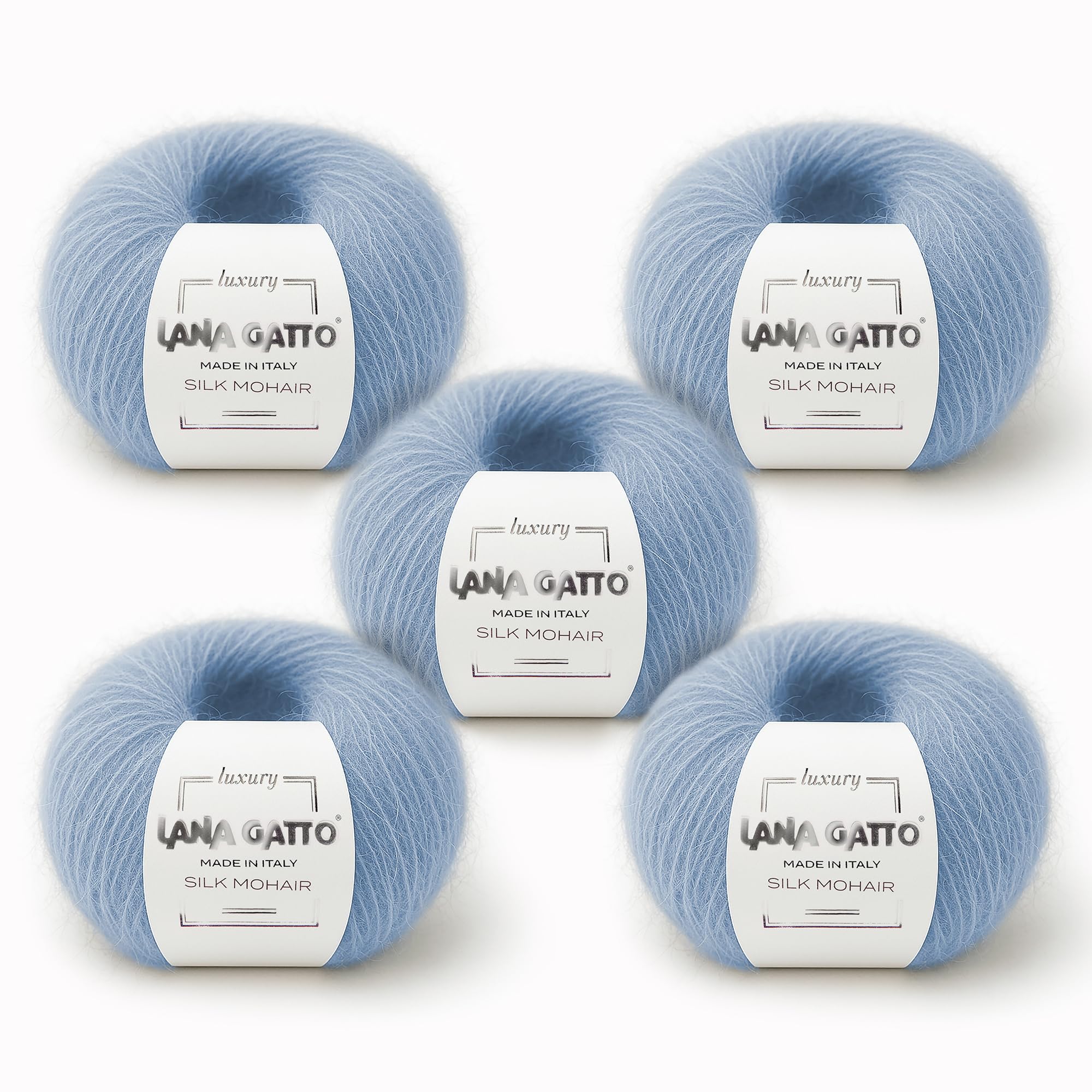 5 Knäuel, 125 gr. Silk Mohair Lana Gatto Luxusgarne, Premium- und weiche Mischung zum Stricken und Häkeln, Made in Italy, (Hellblau - 7264, 5)