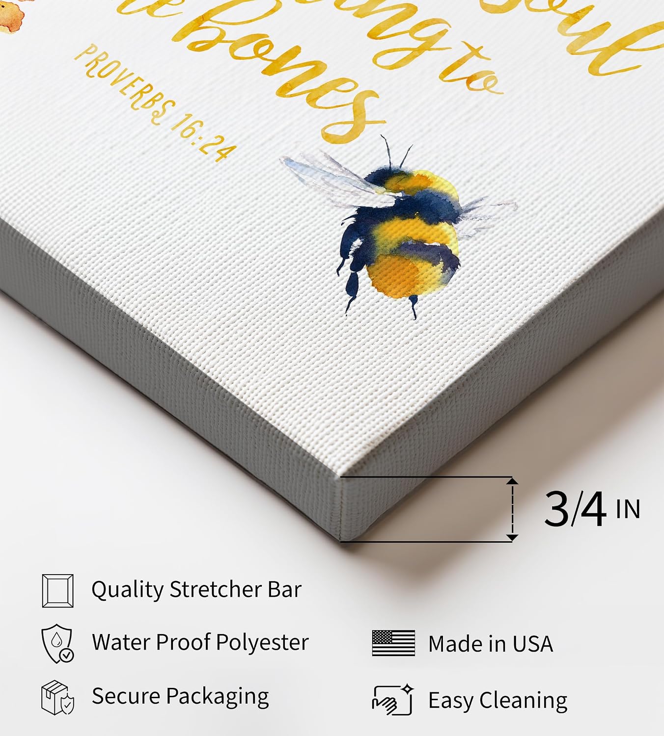 Poster Master Pleasant Words Are Like Honey Canvas - Bible Verse Print - Bumblebee Art - Gift for Men & Women - Inspiring Wall Decor for Bedroom, Nursery or Kids Room - 8x10 STRETCHED Canvas