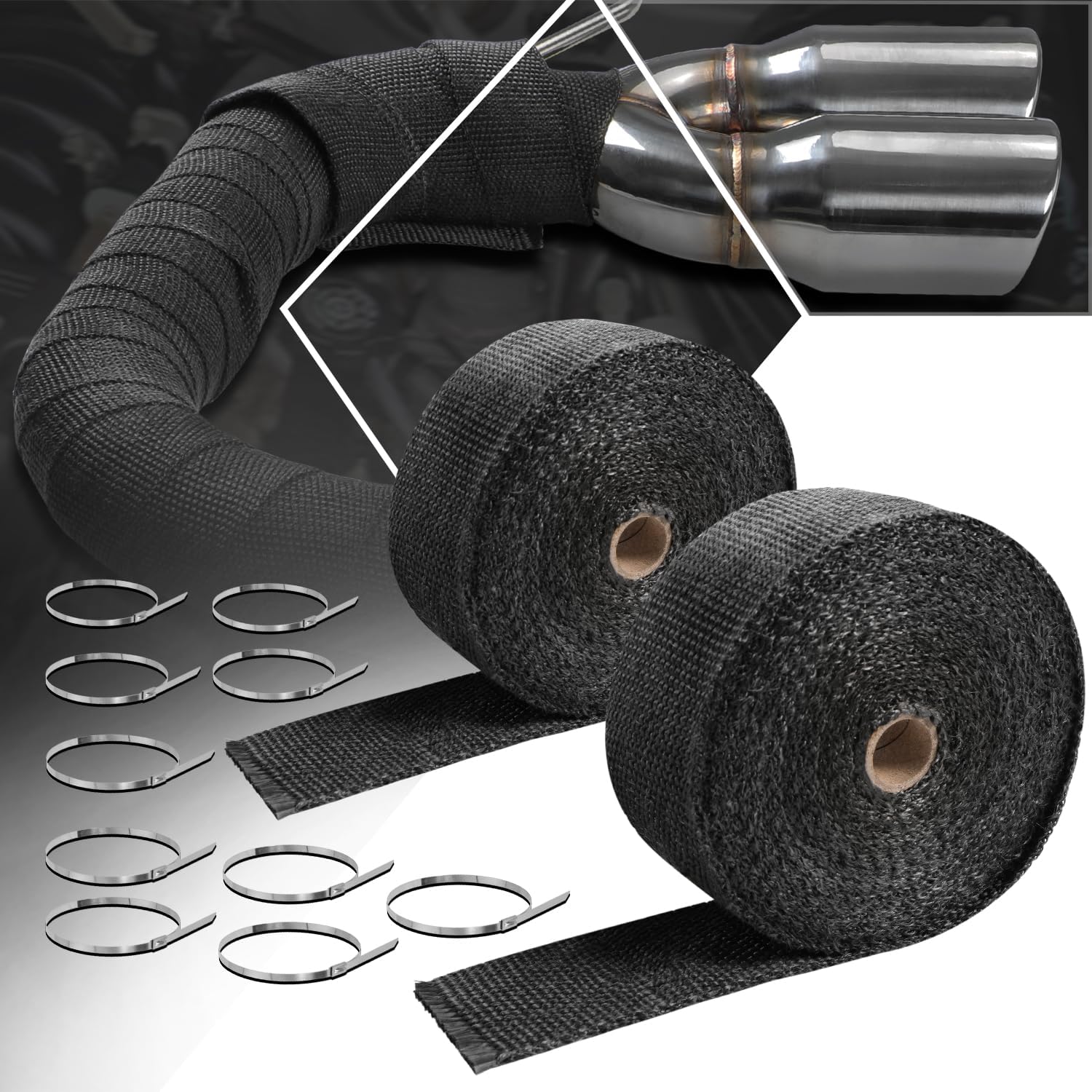 PM PERFORMOTOR 30 Ft Exhaust Heat Wrap for Motorcycle Car Headers with 10 Stainless Steel Zip Ties, Fiberglass/Steel, Natural Black