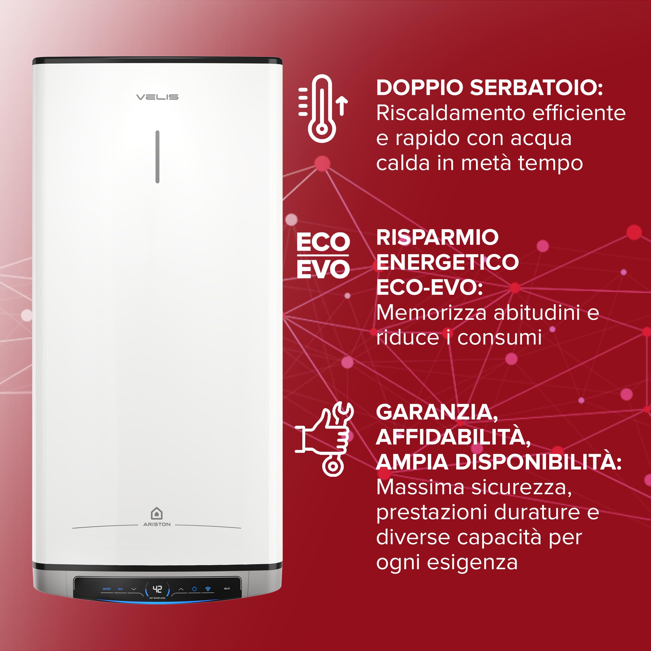 Ariston VelisDune Wifi-FE Chauffe-eau électrique 80 litres vertical/horizontal 275x506x1066 ECOEVO contrôle température à distance