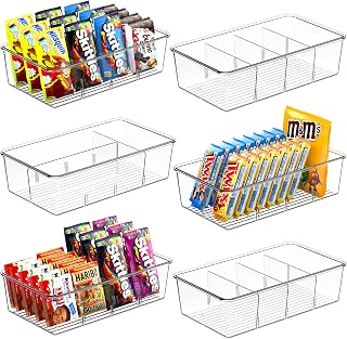 6 Pack Food Storage Organizer Bins, Clear Plastic Pantry Organizer with Removable Dividers, Pantry Organization and Storage, Fridge Organizer, Cabinet Organizers, for Packets, Snacks, Spice Packets