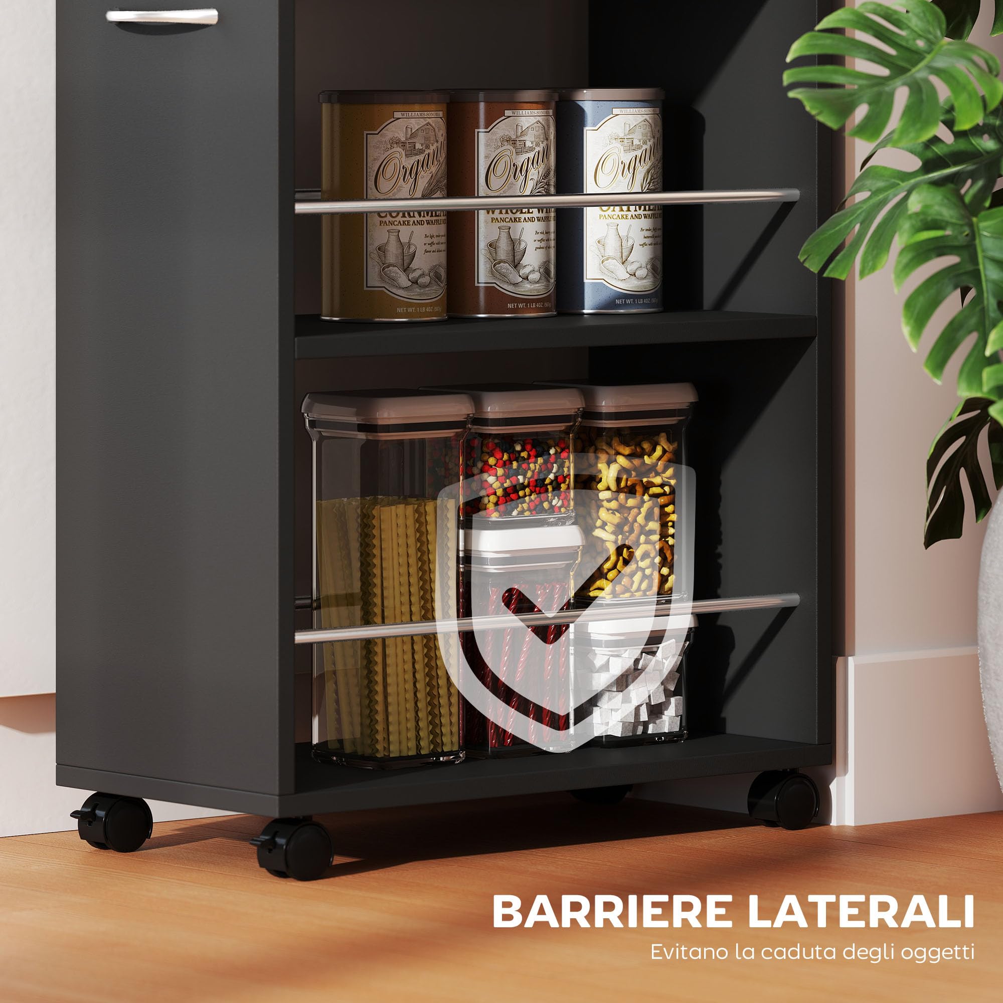 HOMCOM Carrello da Cucina con 2 Ripiani Aperti, Cassetto, Parapetti e Ruote a Freno, Carrello Cucina Salvaspazio Portaoggetti in Truciolato e Acciaio Inox, per Bagno, Soggiorno, 25x50x85 cm, Nero