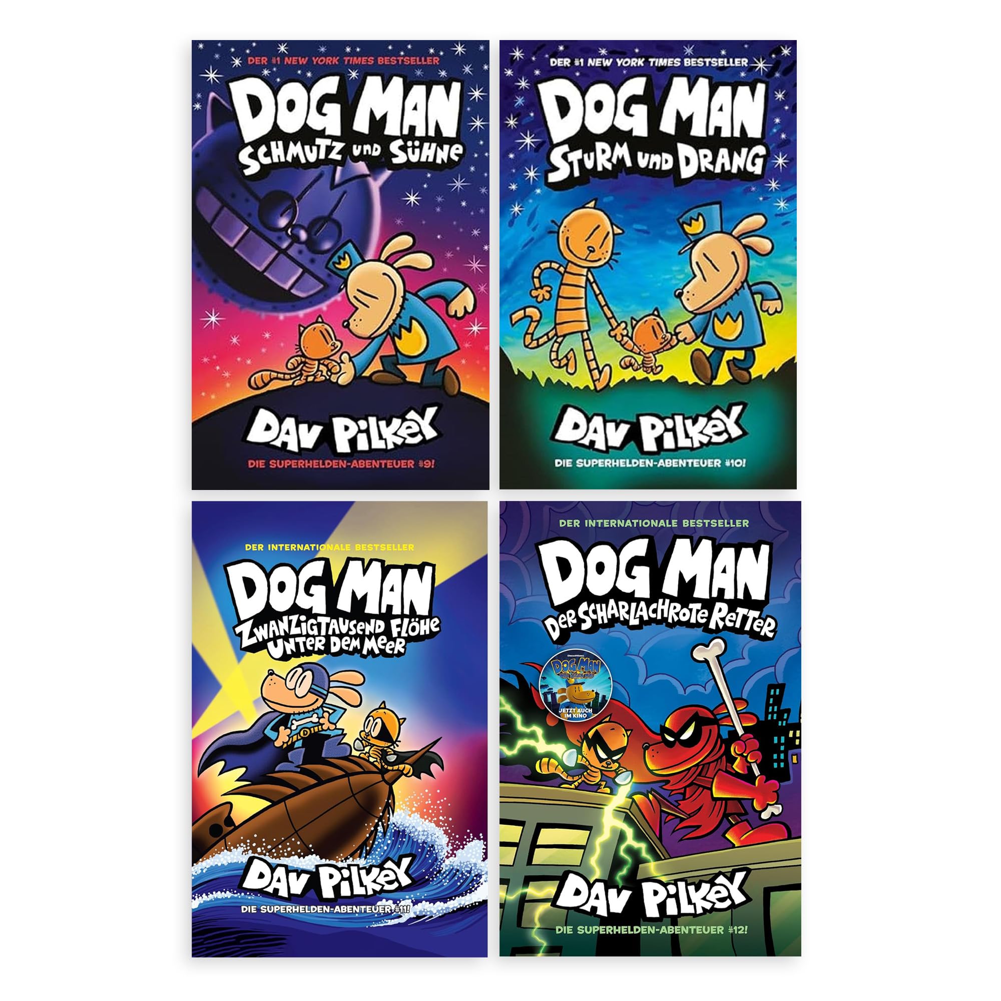Dog Man Bücher Set Band 9-12 von Dav Pilkey – 4 Comic-Bände für Kinder: Schmutz und Sühne, Sturm und Drang, Zwanzigtausend Flöhe und Der scharlachrote Retter – lustige Kinderbücher + exkl. Lesezeichen