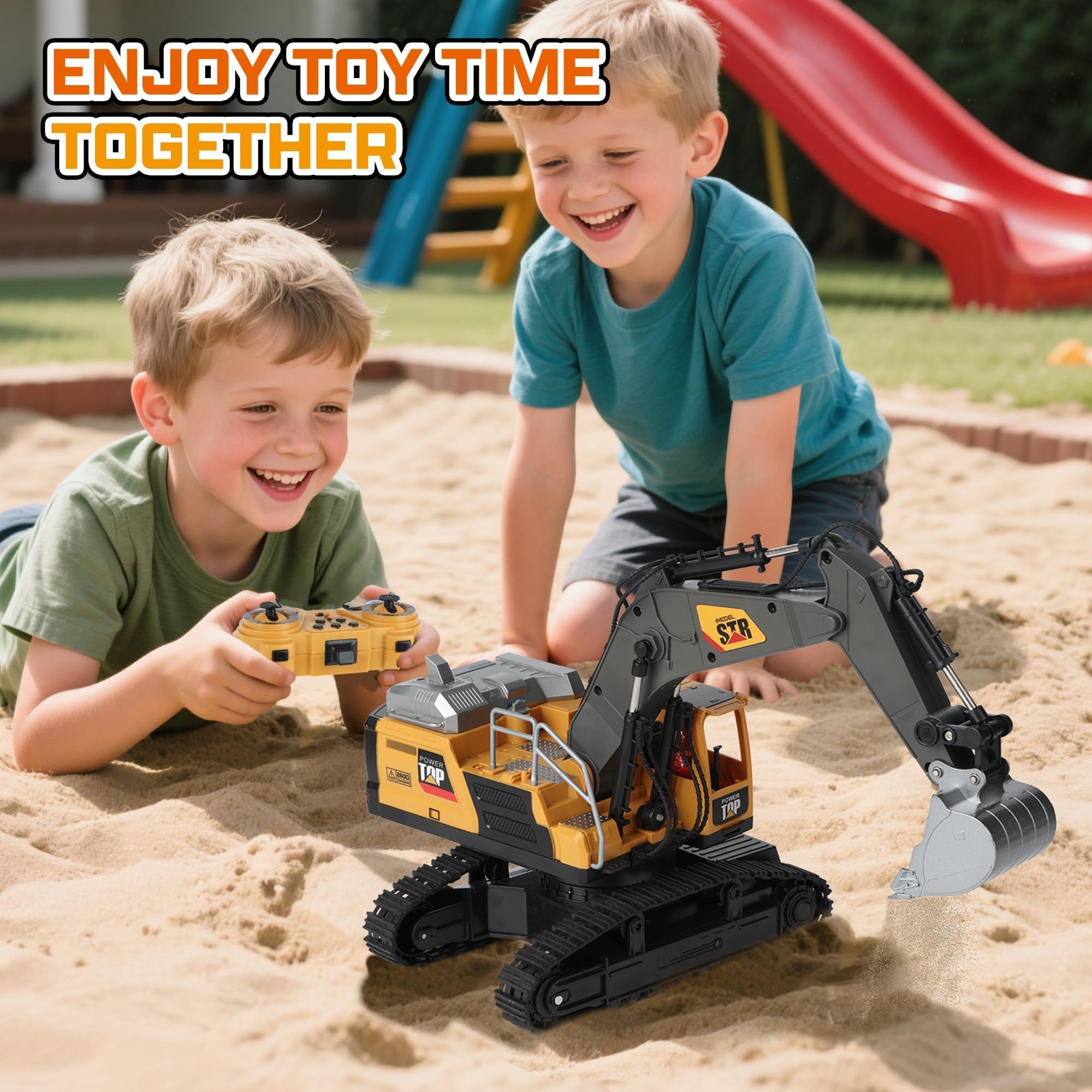 Excavadora Teledirigido para Niños - RC 2,4 GHz Juguete Excavadora con Luz Humo y Sonido, Juguete Construcción Regalo Cumpleaños para Niños de 3 4 5 6 7 8 años