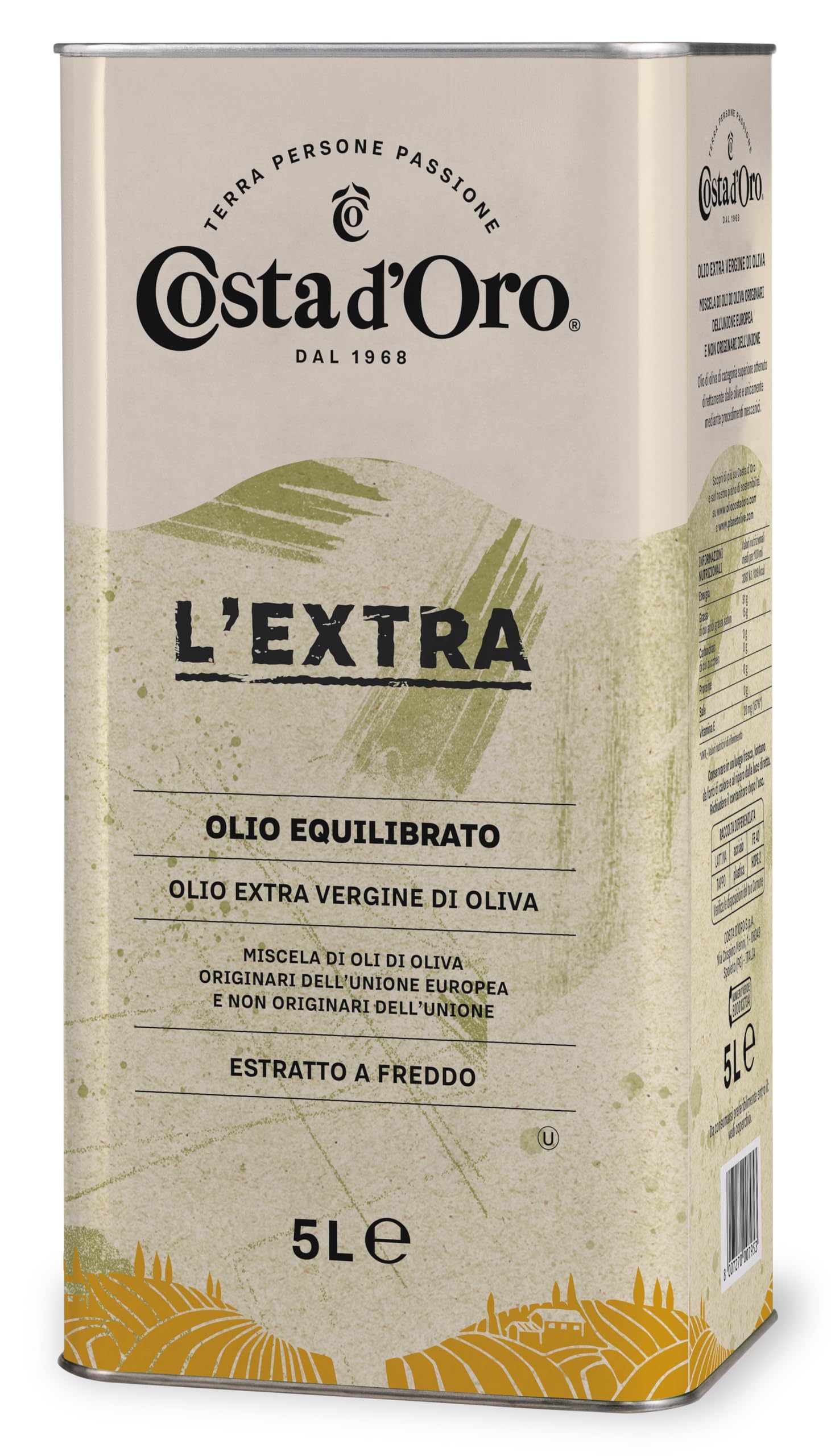 Costa d'Oro Huile d'olive extra vierge extraite à froid - Saveur équilibrée - Convient pour toutes les recettes et comme vinaigrette - Boîte de 5 litres - 1