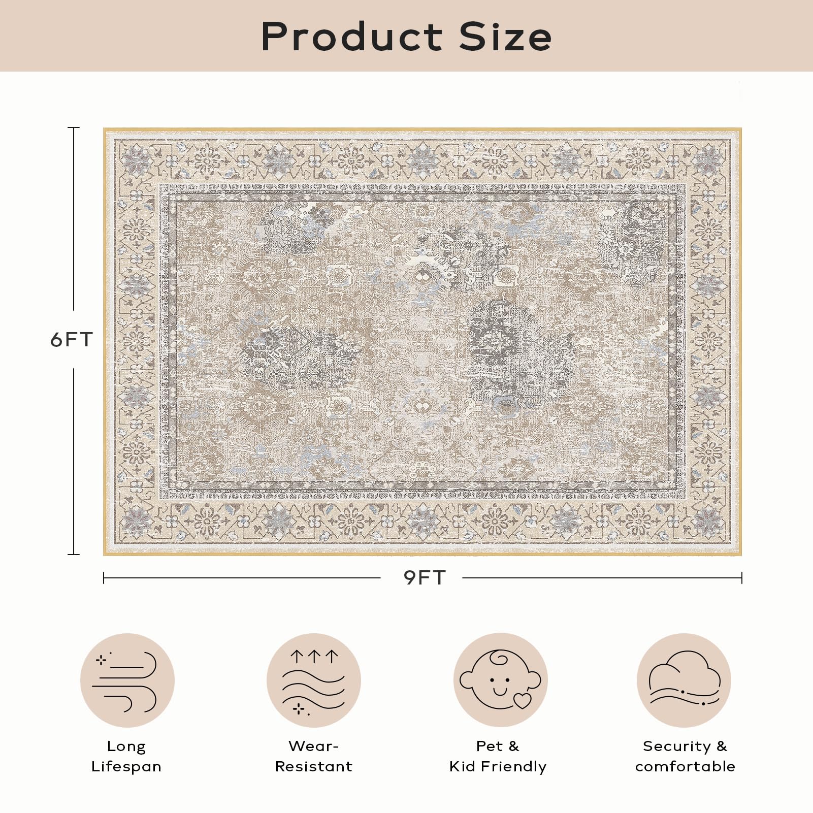 Ashler Boho Rug, 6x9 Vintage Rugs, Large Area Rugs, Moroccan Area Rug for Living Room, Bedroom, Kitchen Dining Room, Beige Home Decor, Non-Slip & Machine Washable Rugs, Carpet Decoration