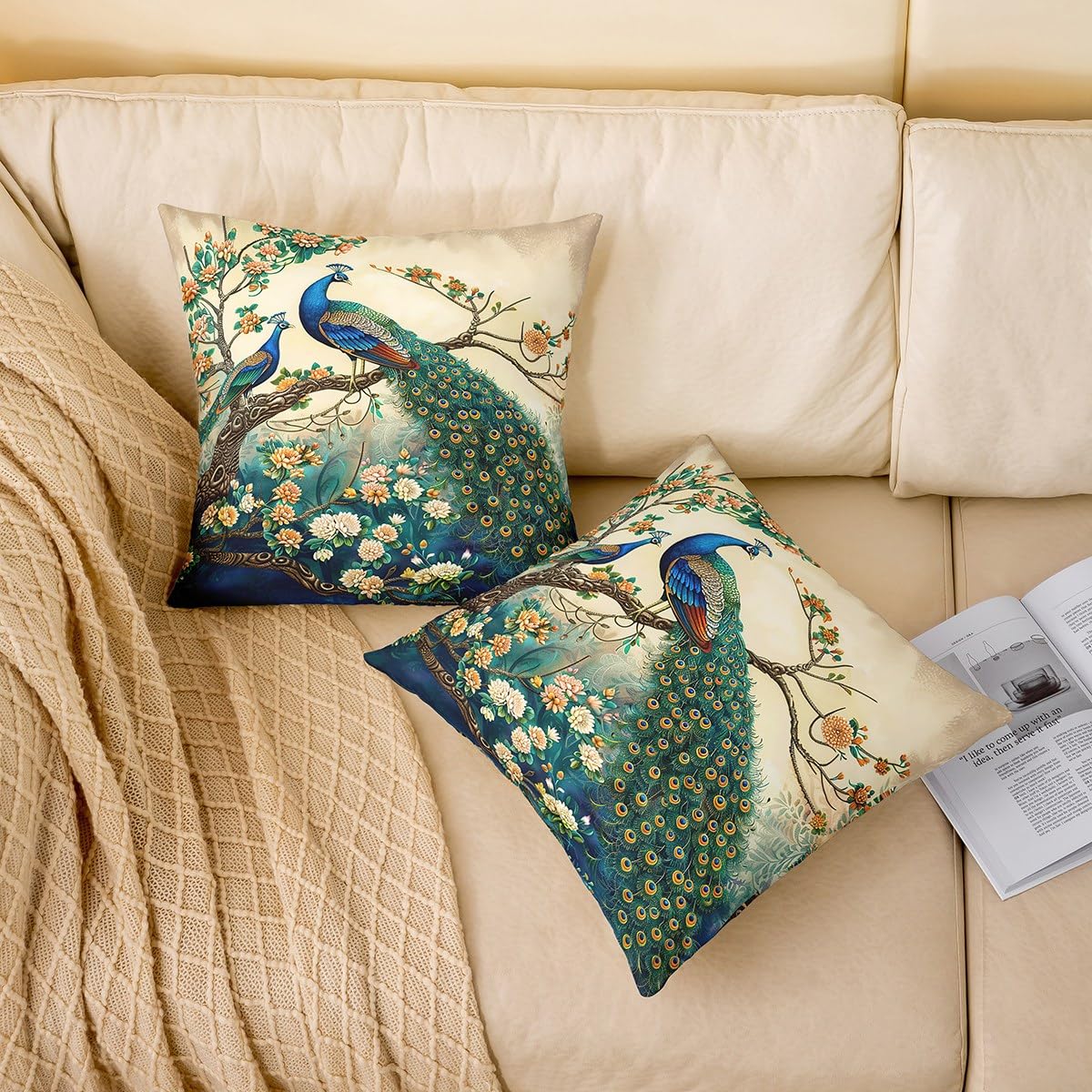 Homemissing Peacock Pillow Covers Peacock Feather Printed Square Cushion Covers Set of 2 Cute Animal Throw Pillow Covers Colorful Cushion Covers for for Couch Sofa 40x40cm - Image 3