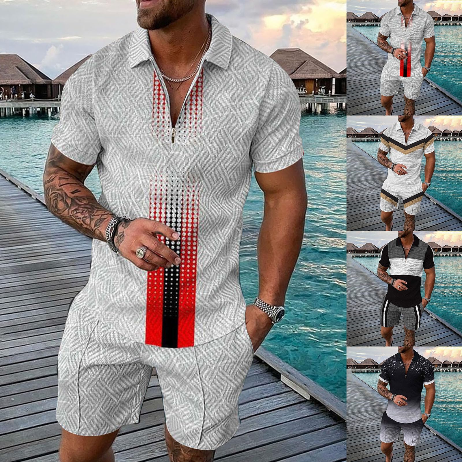 Herren Trainingsanzug Set 2-teilige Poloshirts Freizeitshorts Atmungsaktives Joggeranzug Drucken Funktionsanzug Herrenshirts Mode Sportshorts Reißverschluss Freizeitanzug für Outdoor