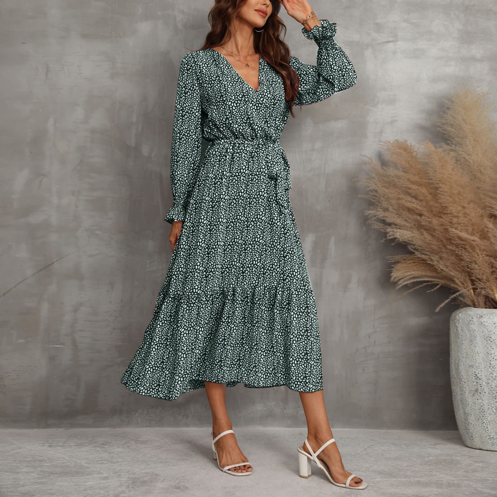 2026 Boho Femme Imprimé Floral Manches Longues Wrap Col V Ceinture Plissée A Line Flowy Dress