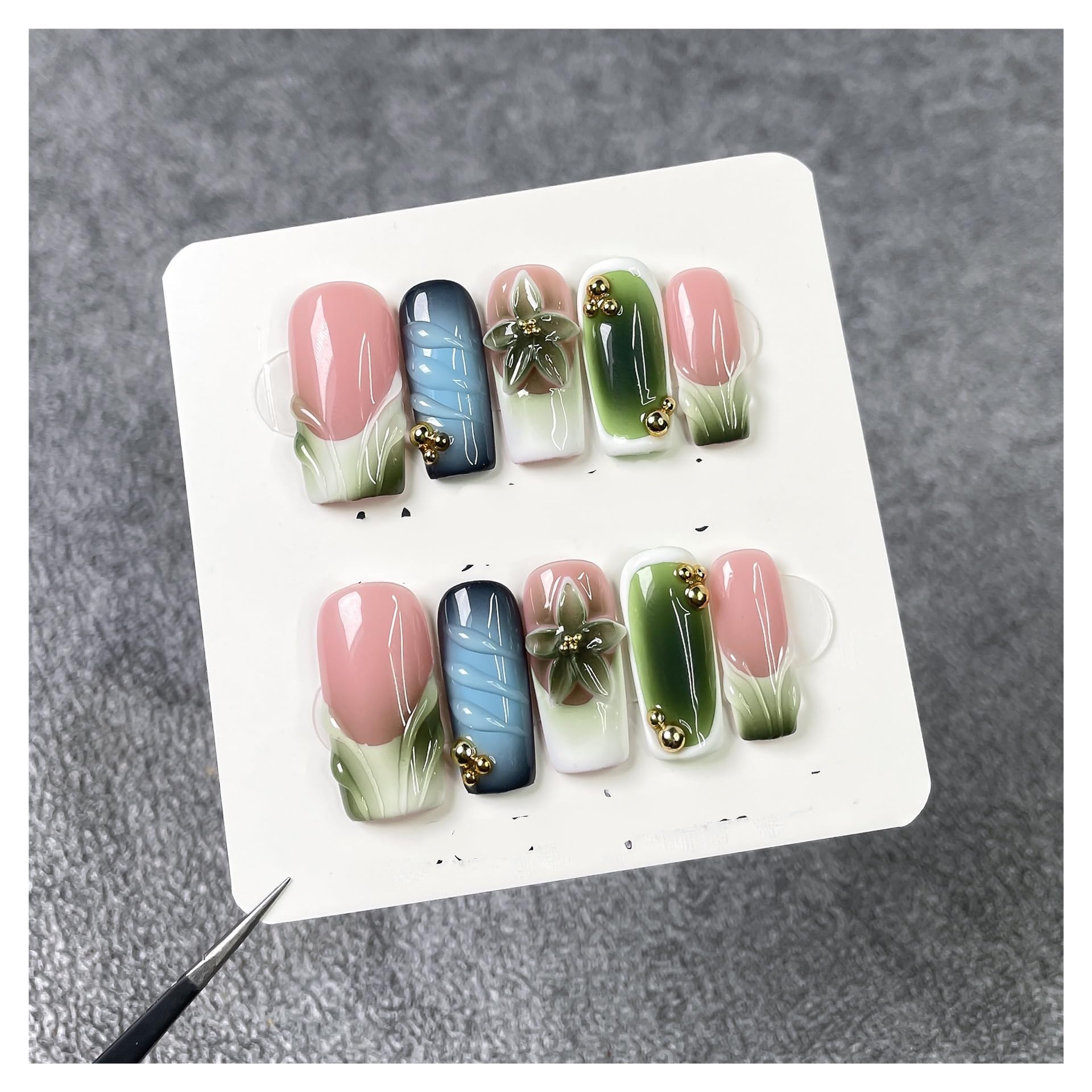 Unghie carine 10 pezzi di stampa francese di fiori verdi 3D fatti a mano sulle unghie, unghie finte adesive, nail art floreale(711 size-L)