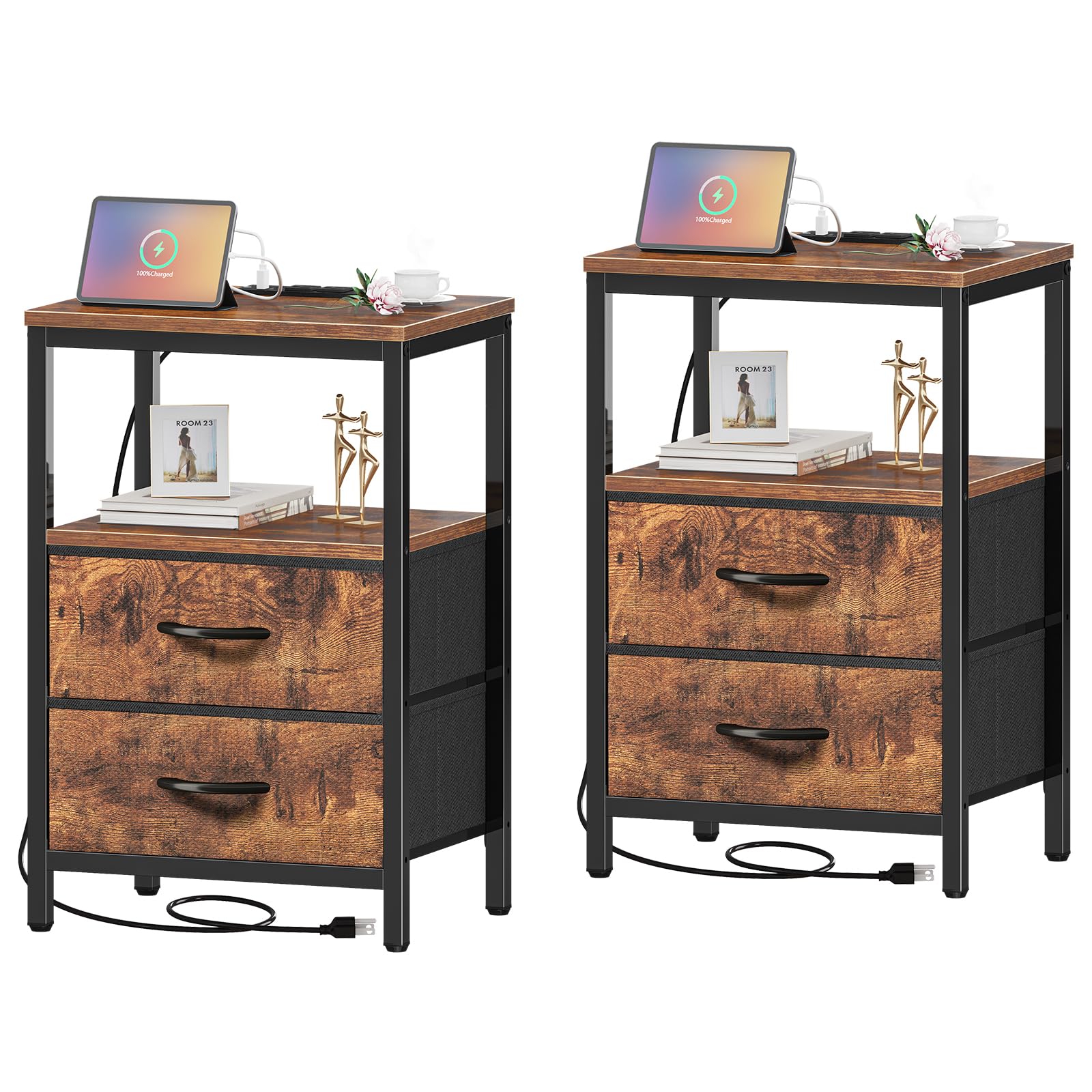 Huuger Nightstands Set of 2, End Tables with Charging Station, Side Tables with Fabric Drawers, Bedside Tables with USB Ports and Outlets, Night Stands for Bedroom, Rustic Brown