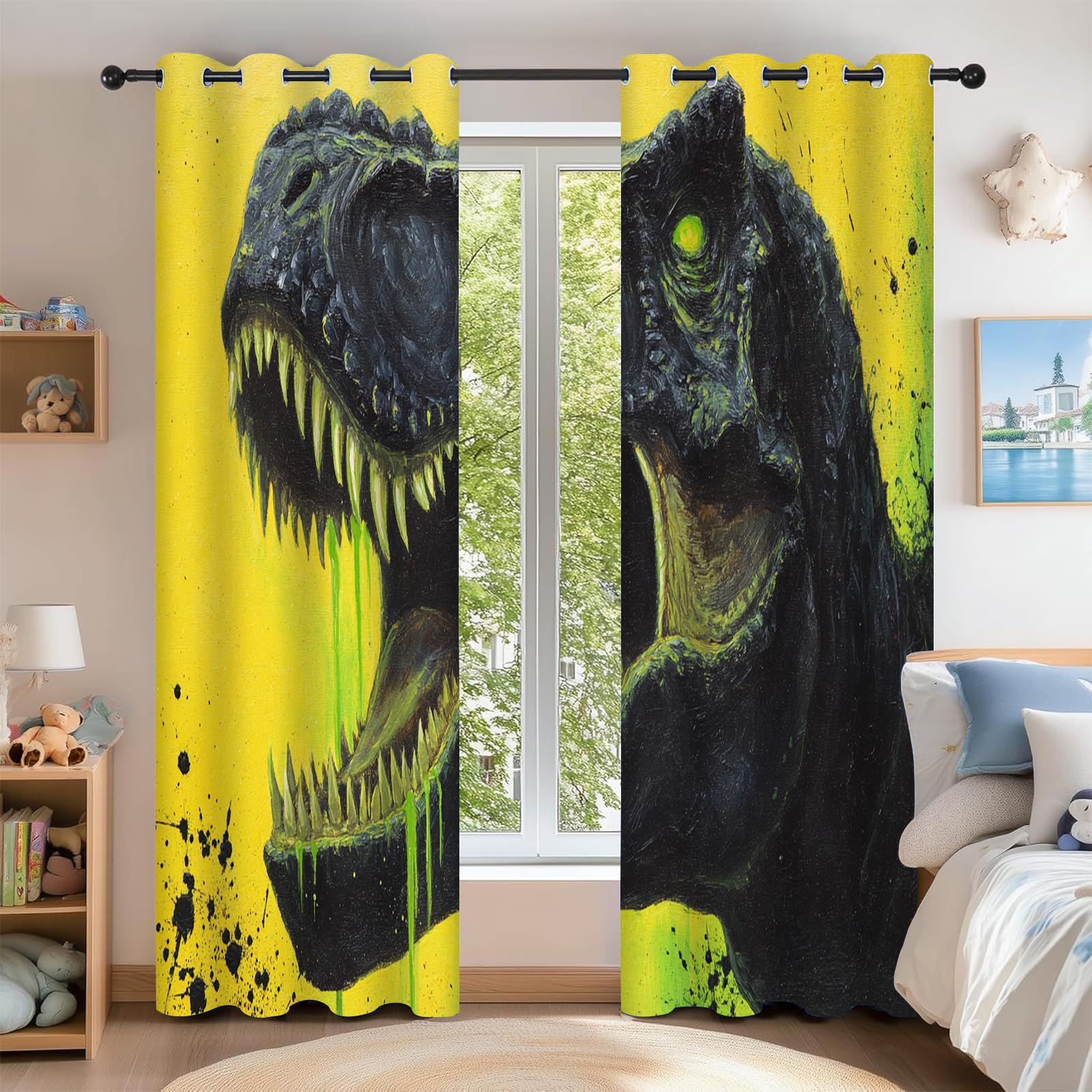 Rideau Occultant Garçons Dinosaure,Lot de 2 Rideaux Occultant Thermique Isolant à Oeillets,Résumé Jaune Decoration Chambre Salon Fenetre 140x260cm（LxH）