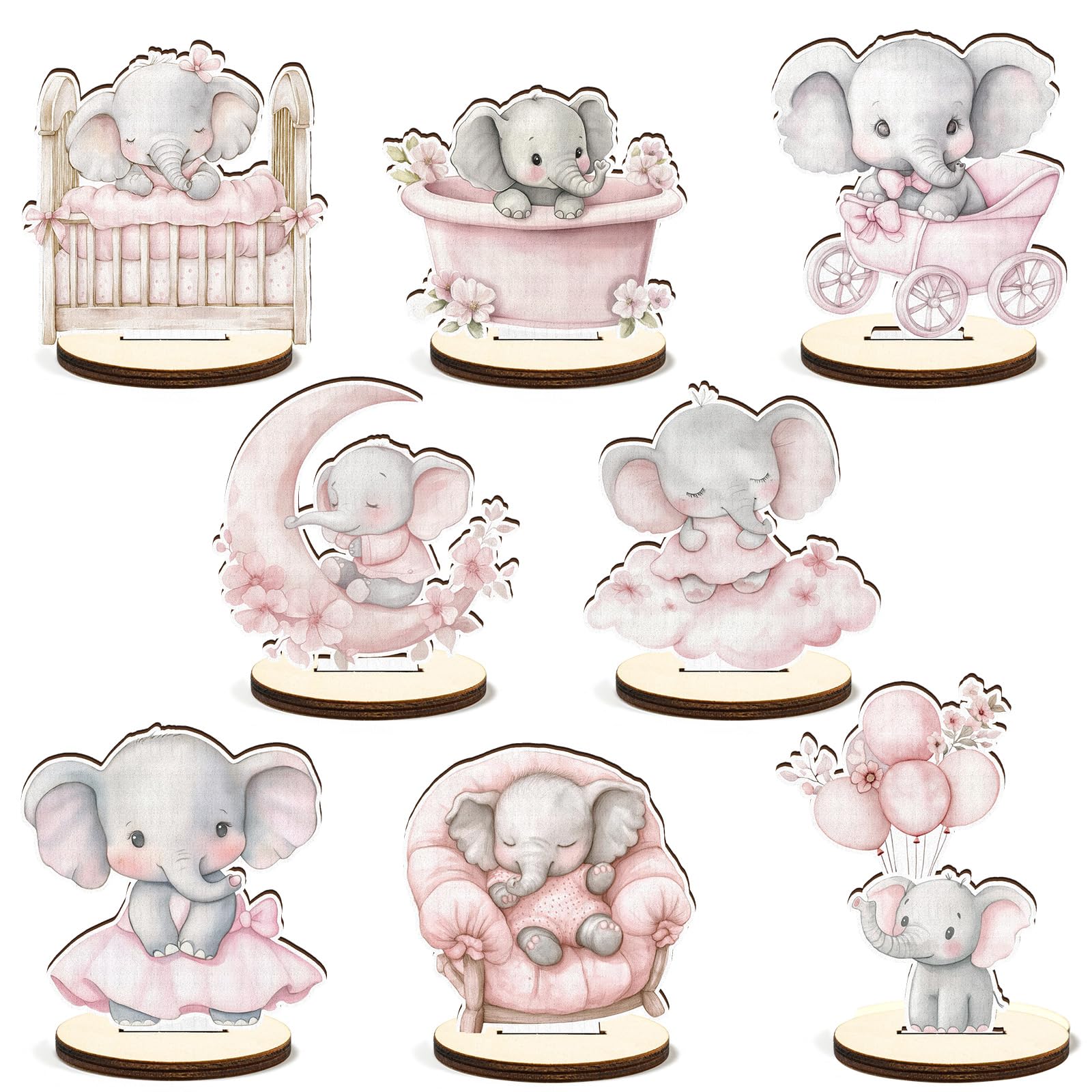 Photo 1 of 16 Pcs Wooden Baby Shower Table Centerpiece Pink Elephant Tabletop Detachable Sign It's A Girl Gender Reveal Table Toppers Display Decoration Elephant Birthday Photo Props Party Favor Supplies