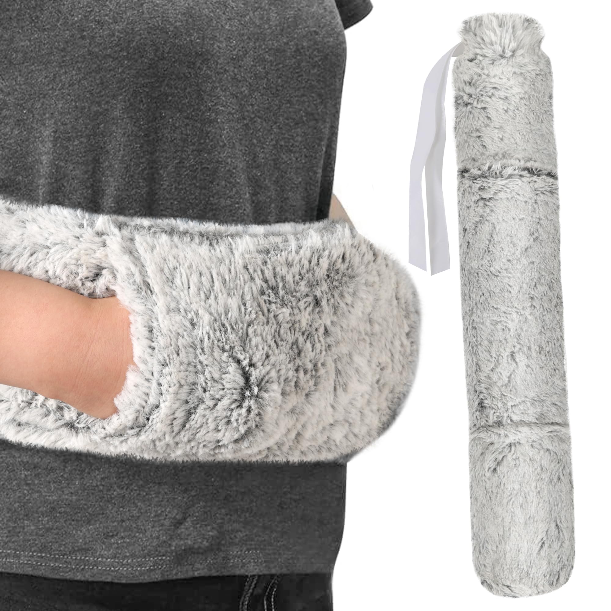 Johyzmpun Hot Water Bottle Long with Cover, 72 cm, 2 Litre Long Hot Water Bottle Large with Cover, Fluffy for Tying for Neck, Shoulder, Bed Bottle, Waist, Warm and Relieve (Navy Blue/White)