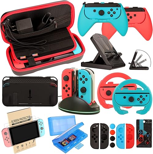 Kit de accesorios para Nintendo Switch paquete de tapas de agarre para controles redondos estuche de transporte protector de pantalla y control Kit de accesorios para Nintendo Switch paquete de tapas de agarre para controles redondos estuche de transporte protector de pantalla y control