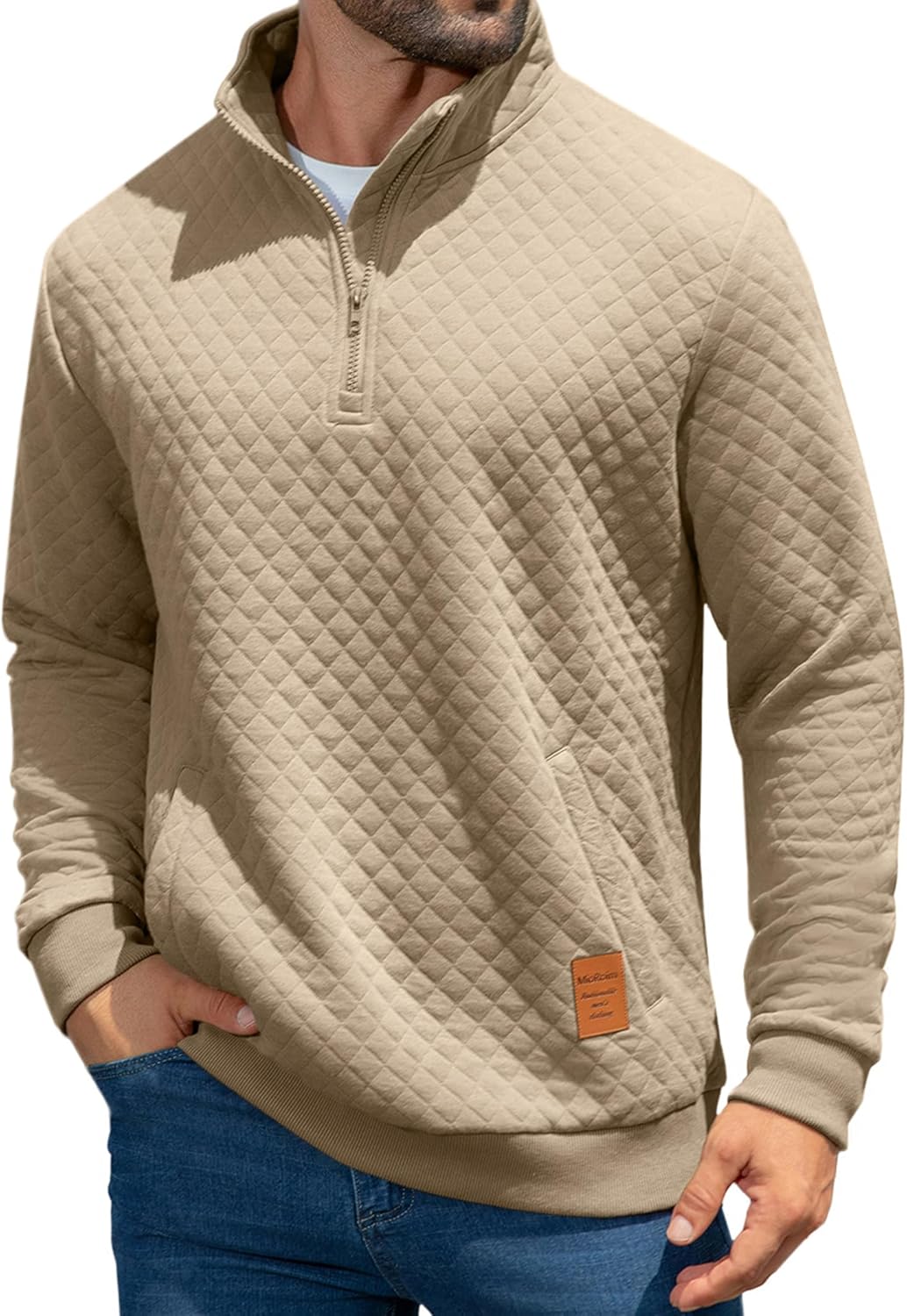 MioRoim Men's Quarter Zip Casual Pullover 1/4 Quilted Waffle Long Sleeve Sweatshirt Mock Neck Sweater with Pocket